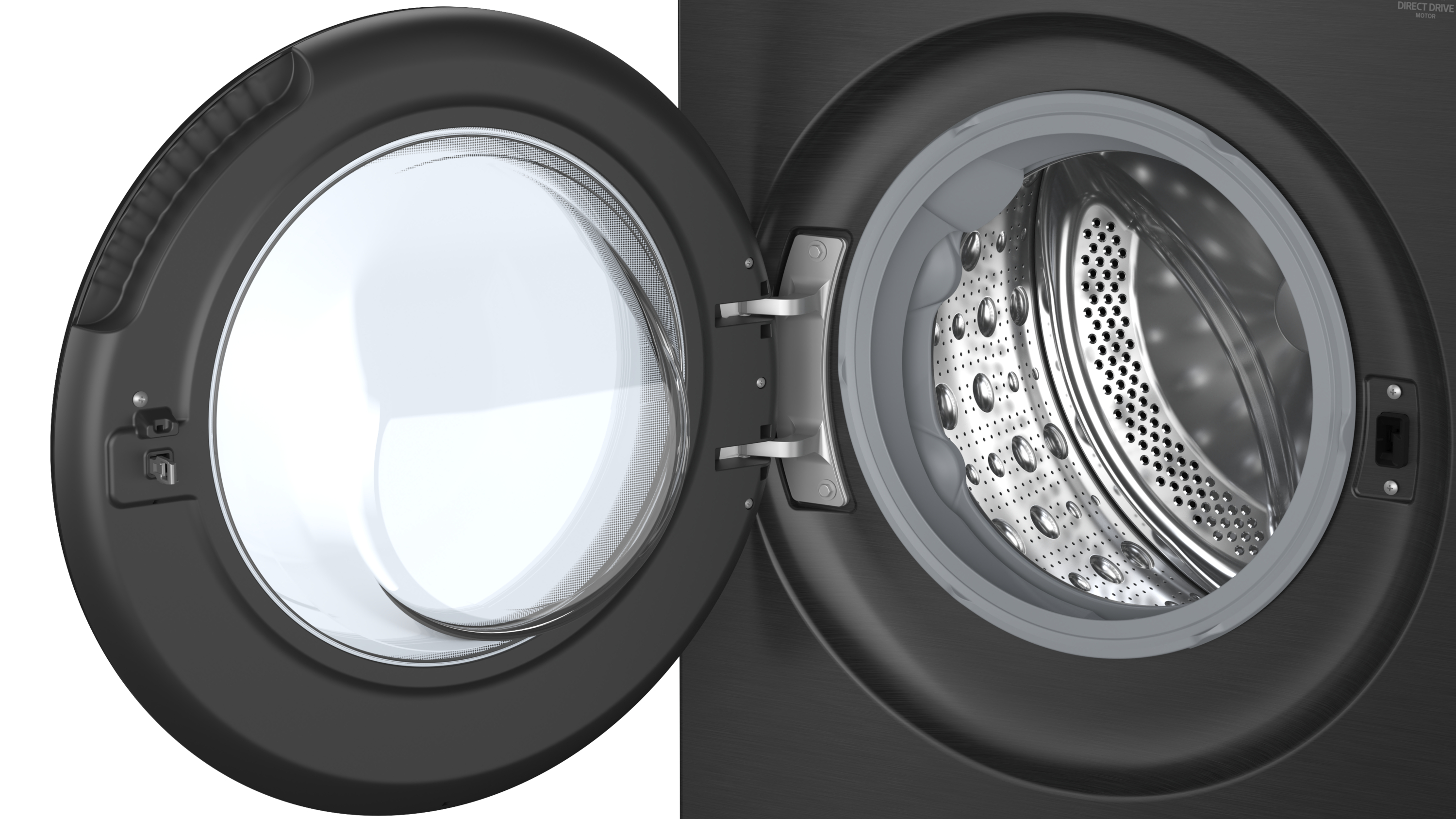Geöffnete Waschmaschinentür, schwarz mit Glas und Metall-Innenraum. Die Tür ist geöffnet und gibt die Trommel frei.