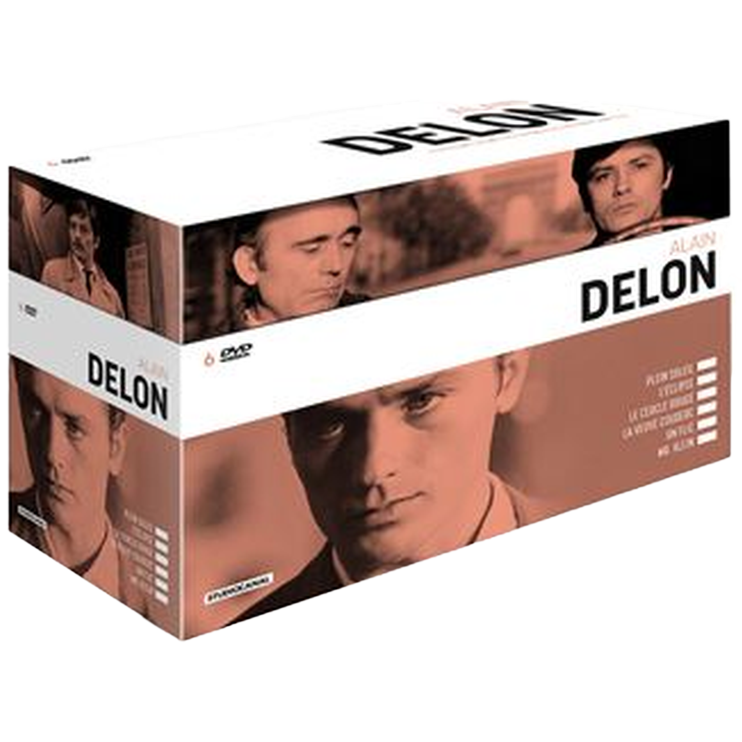 DVD-boxset met films van Alain Delon. De doos is wit en bruin en bevat Delons gezicht en filmtitels.