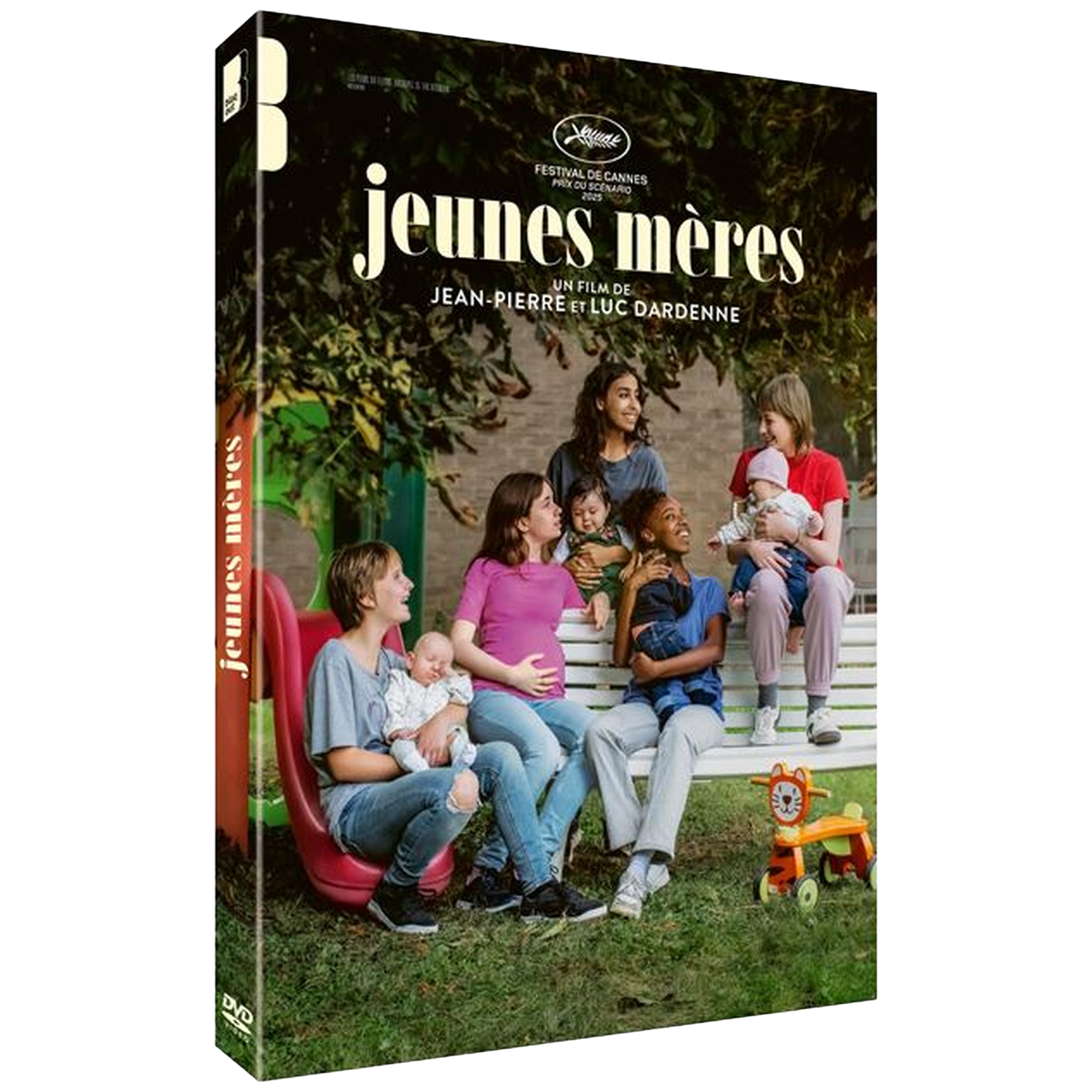 DVD-hoes van 'Jeunes Mères'. Toont een groep vrouwen met baby's op een bank, met Franse tekst.