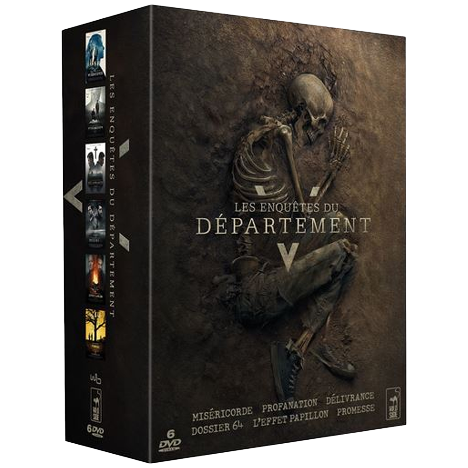 Coffret DVD avec un squelette et du texte en français. Titres : 'Les Enquêtes du Département V'. La boîte est noire.