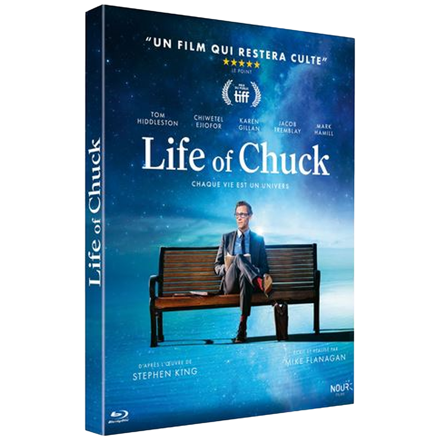 Couverture DVD de 'Life of Chuck'. Un homme assis sur un banc, ciel étoilé en arrière-plan. Noms d'acteurs et détails du film visibles.