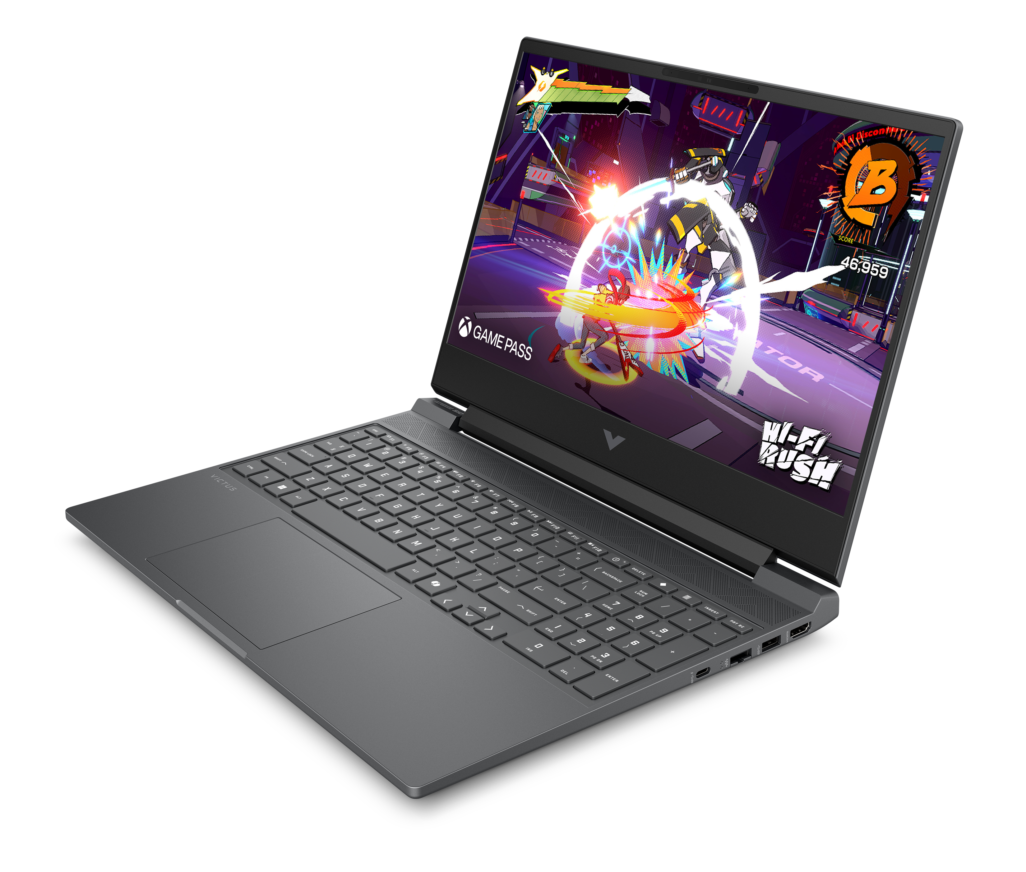 Laptop z wyświetloną grą. Klawiatura widoczna. Tło jest czarne.