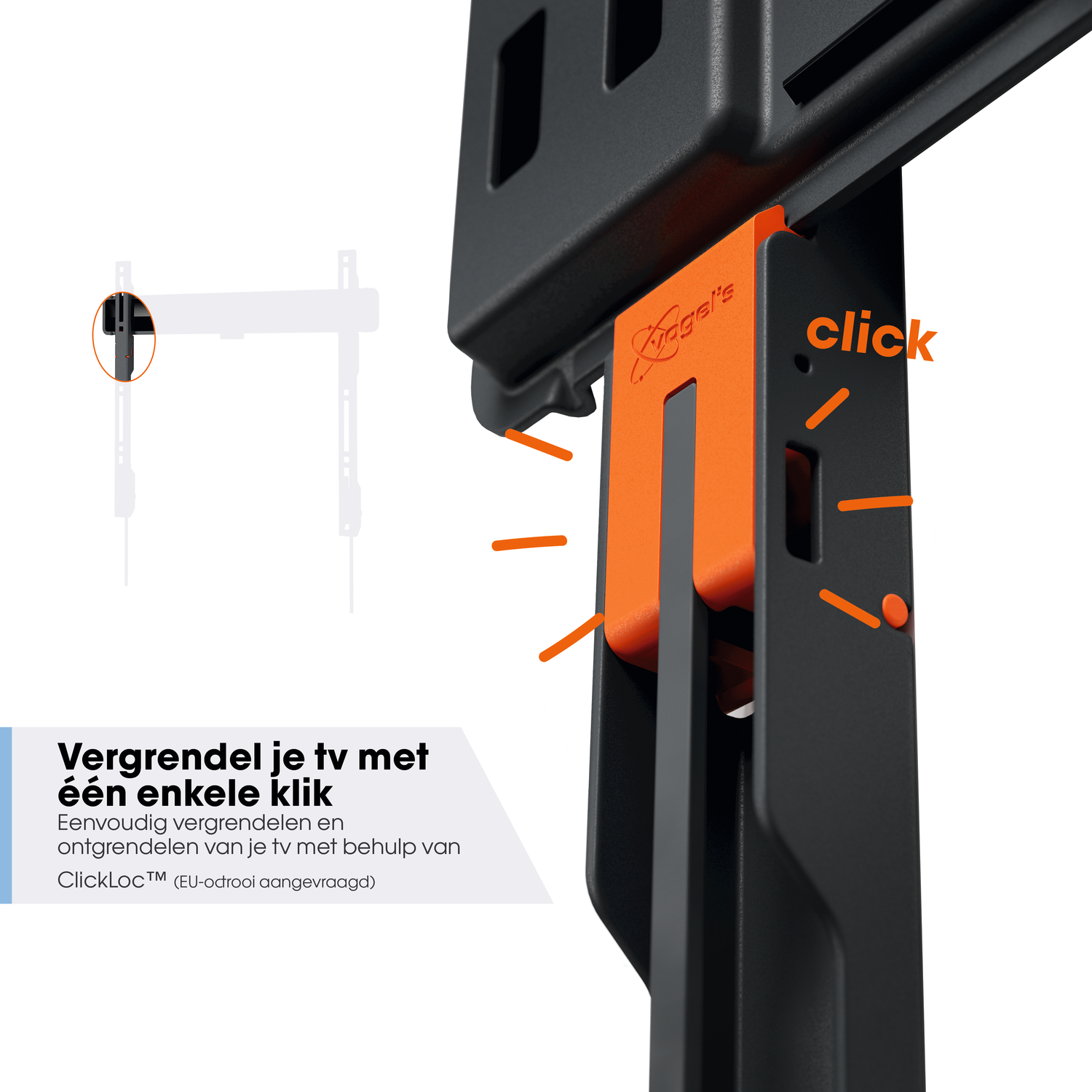 Close-up of a black and orange TV mount. An orange piece clicks into place. Text reads: 'Lock your TV with one click'.