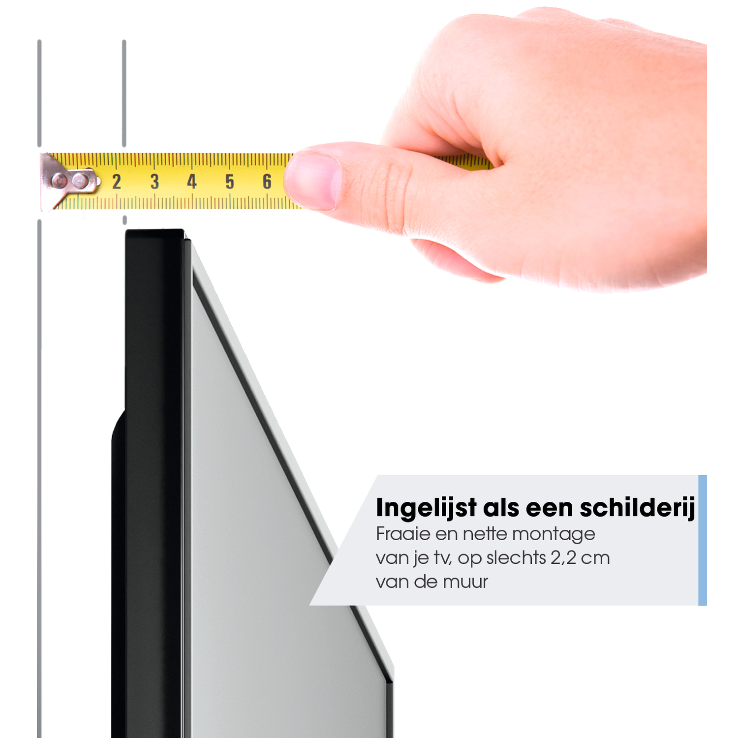 A hand holds a yellow tape measure near a TV. The measure shows 2-6 inches. Text says framed like a painting and distance from the wall.