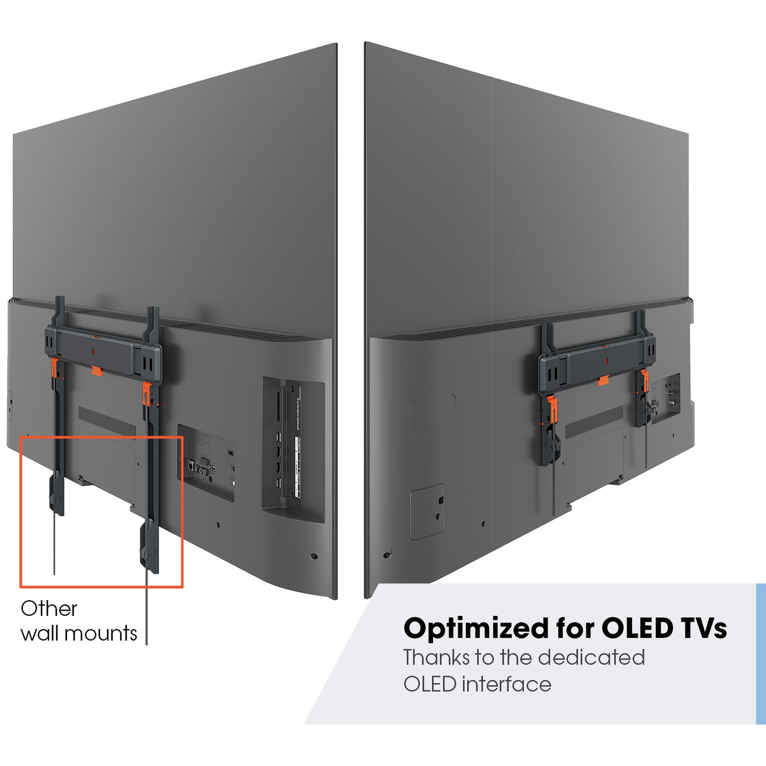 Two gray OLED TVs with orange and black wall mounts are shown. Text indicates it's optimized for OLED TVs.