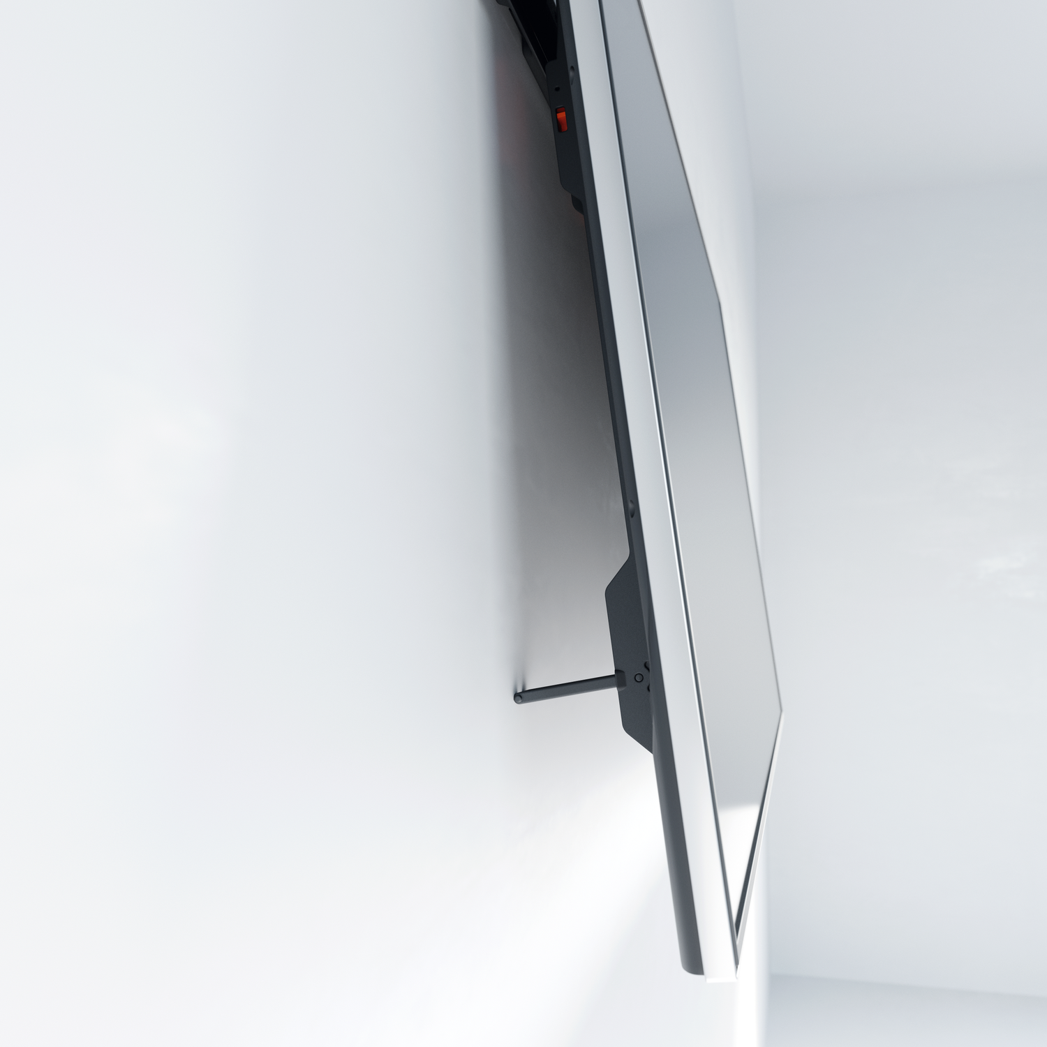 A large, black flat-screen TV mounted on a white wall. The TV is angled, showcasing its sleek design and the mounting hardware.