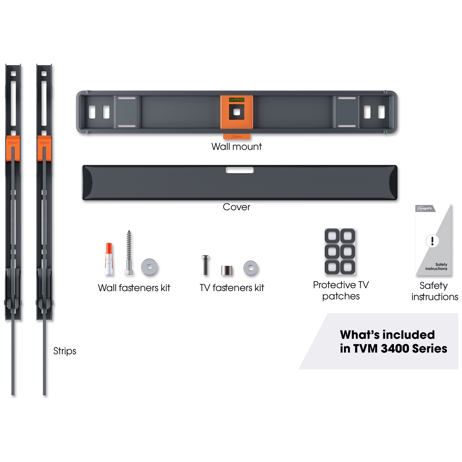 Image shows TV mounting kit components: strips, wall mount, cover, fasteners, patches, and safety instructions.