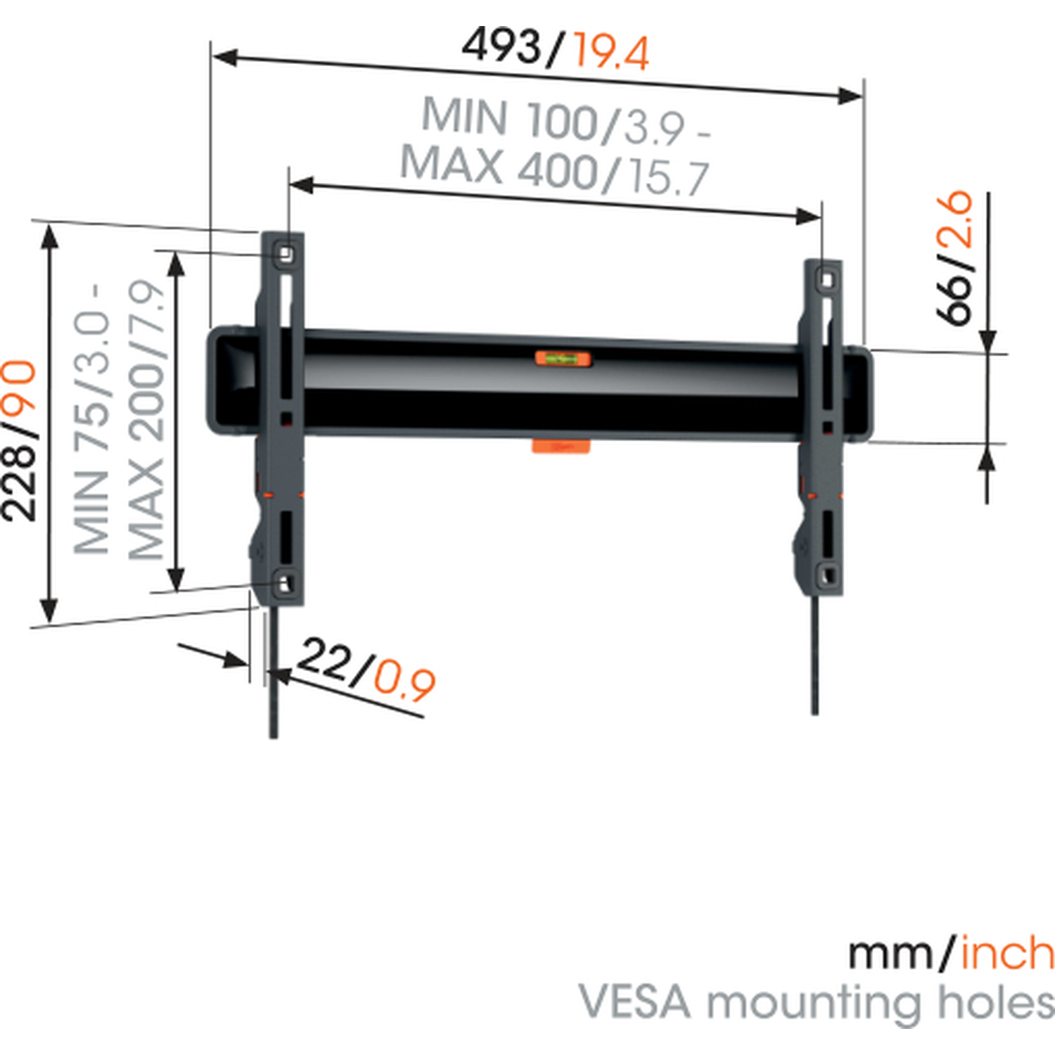 Diagram of a black TV mount with dimensions in mm and inches. Includes measurements like 493, 228, 66, and 22.