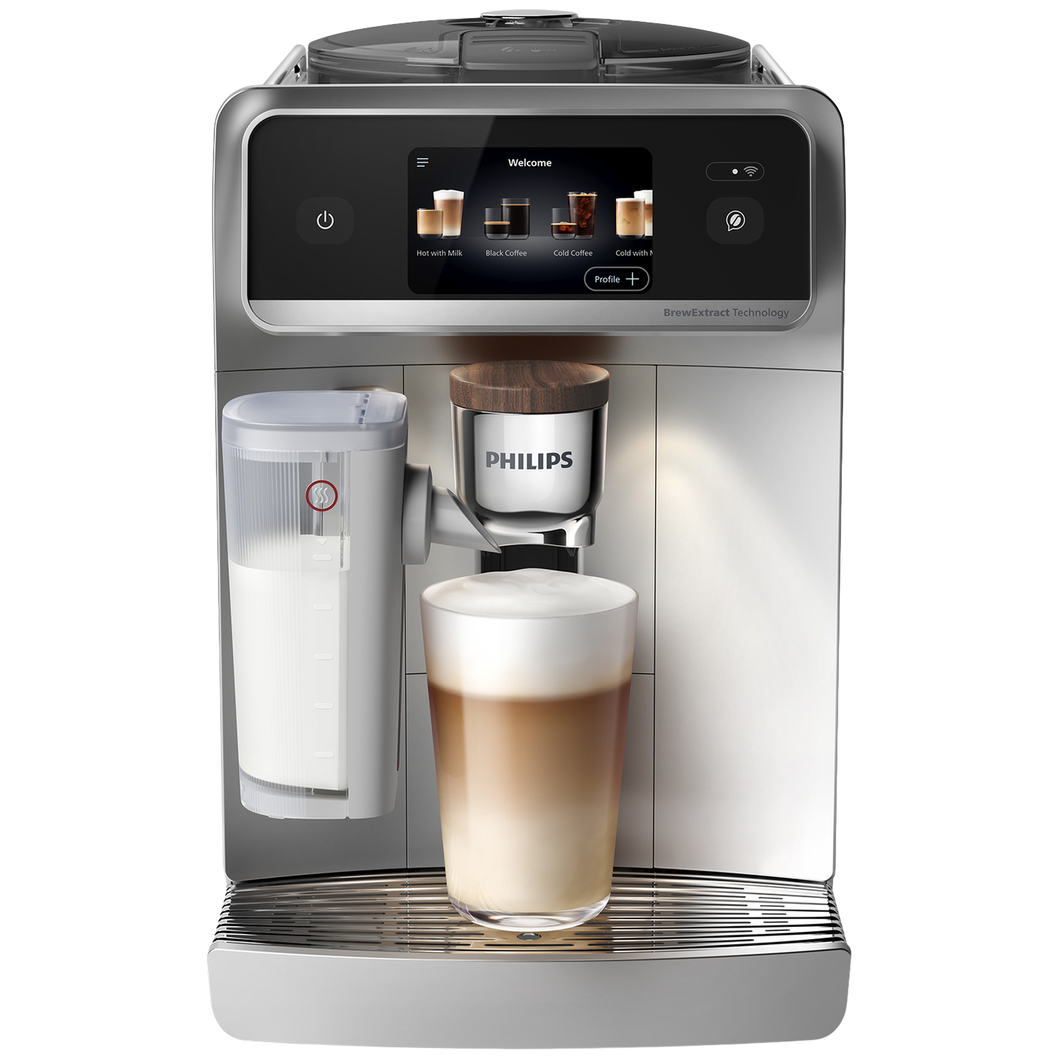 Een zilverzwarte Philips koffiemachine. Een glas latte staat voor de machine. De machine heeft een touchscreen.