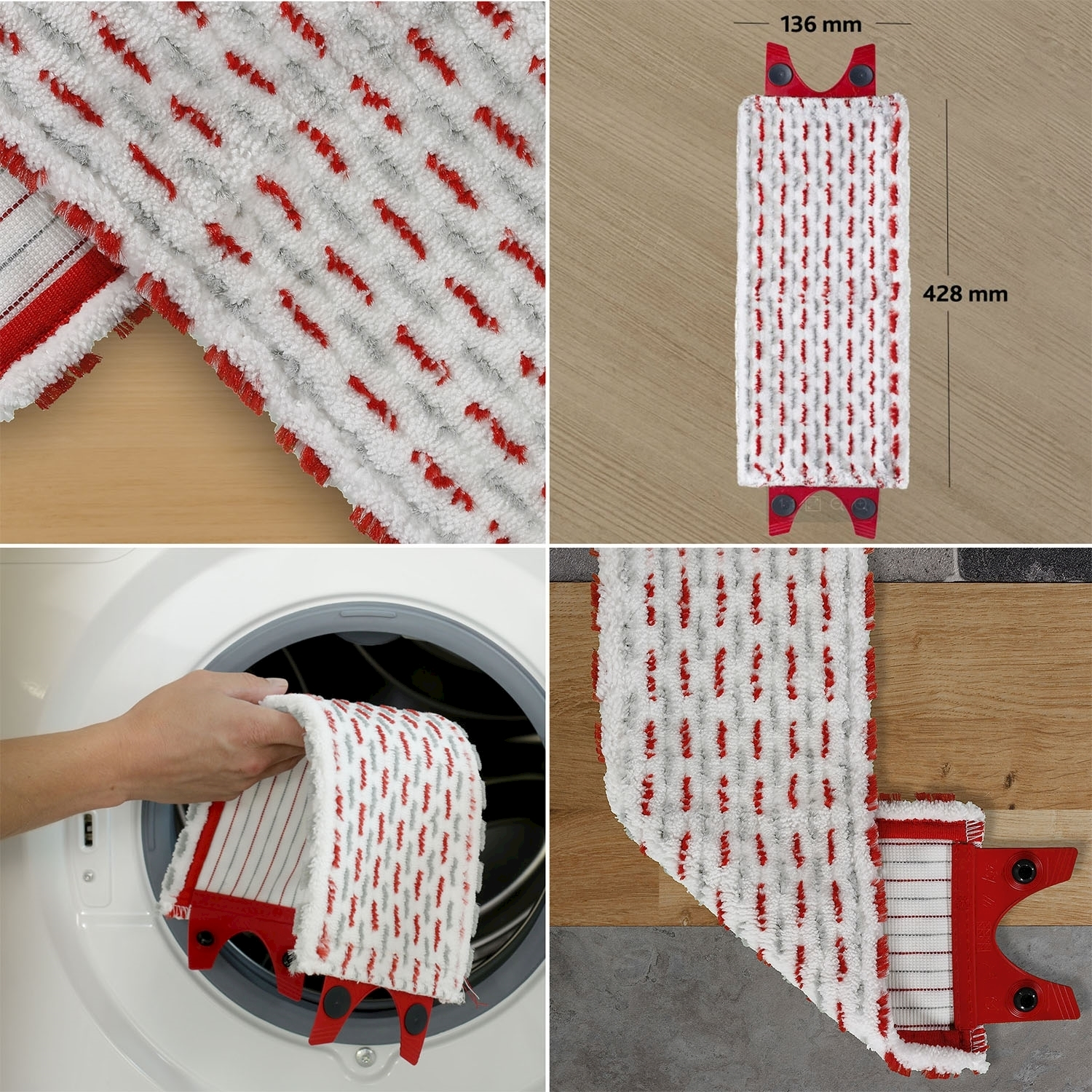Quattro immagini di una testa di mop bianca e rossa. Un primo piano, uno con dimensioni, uno messo in una lavatrice e uno sul pavimento.