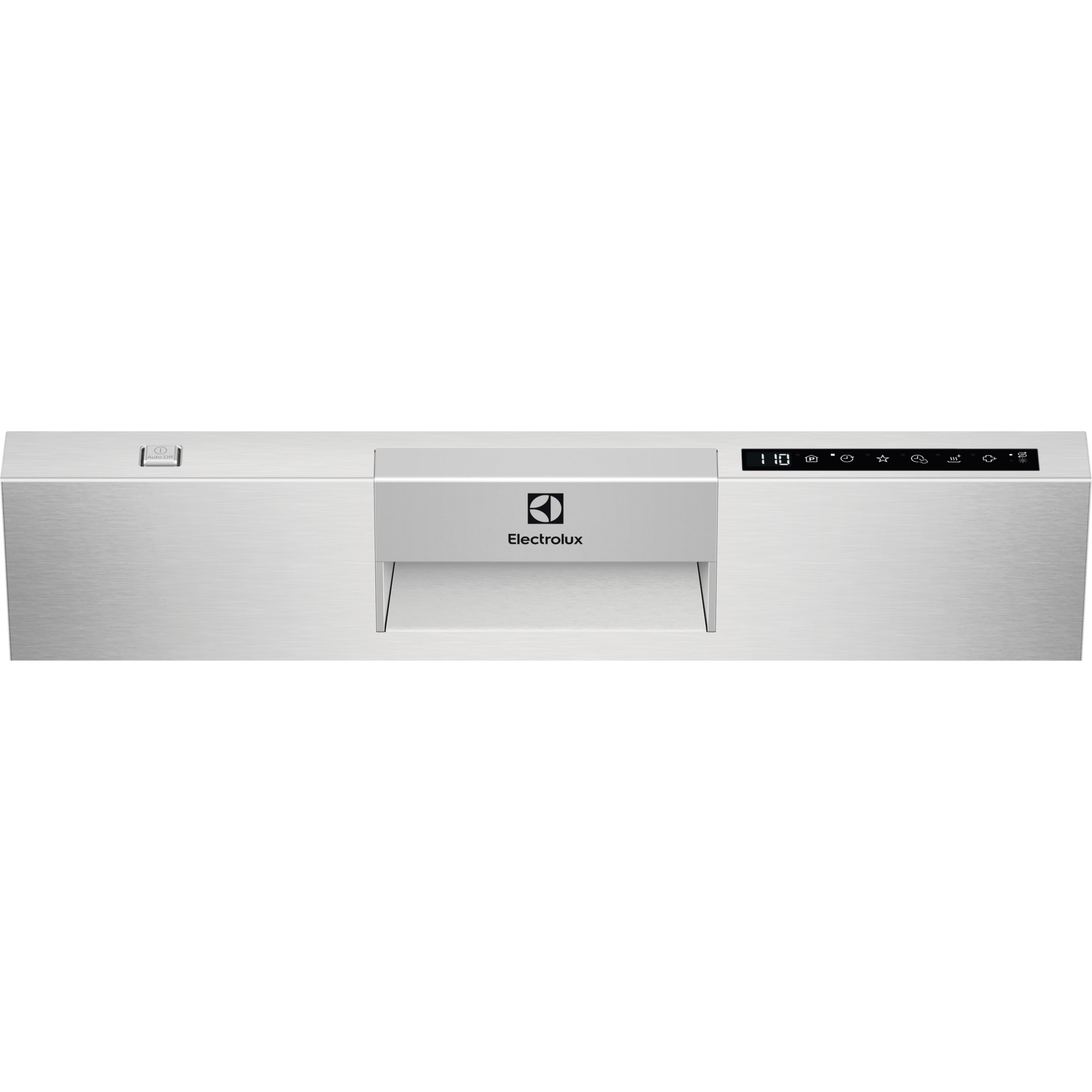 Gümüş renkli bir Electrolux davlumbaz gösteriliyor. Bir kontrol paneli ve Electrolux logosu var. Arka plan beyaz.