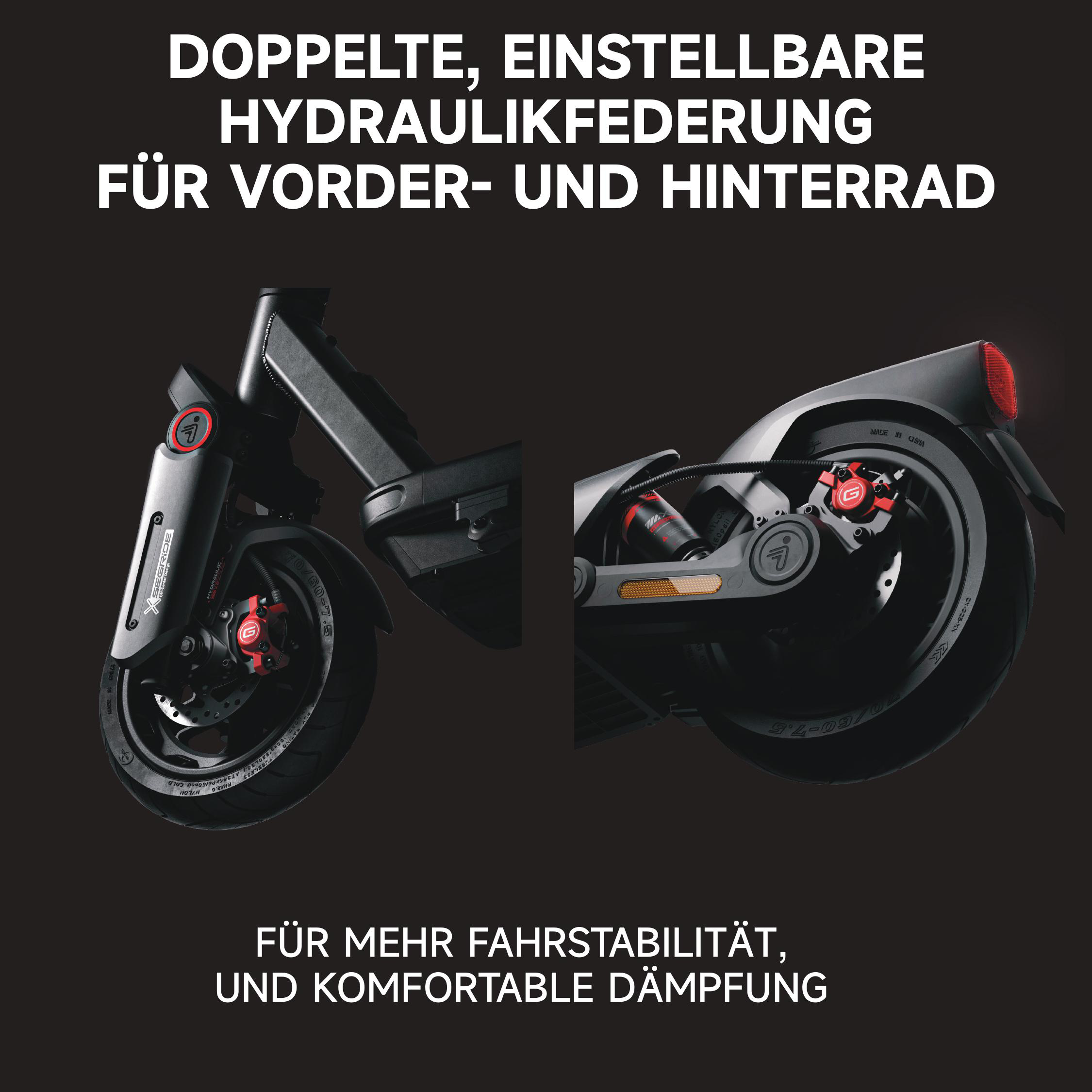 Das Bild zeigt einen Elektroroller mit hydraulischer Federung, wobei Stabilität und Komfort betont werden.