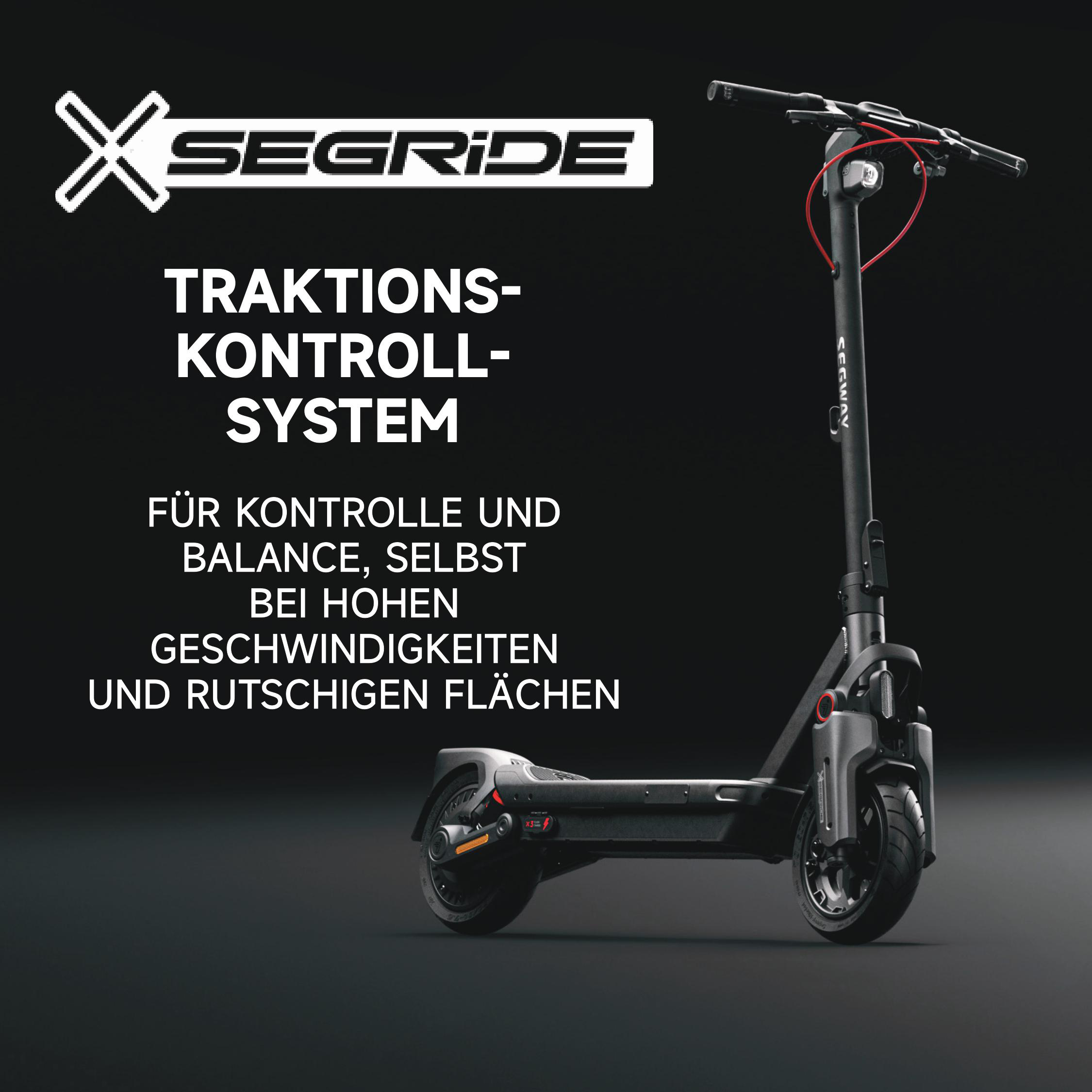 Schwarzer Segride Elektroroller. Text: Traktionskontrollsystem. Für Kontrolle und Balance bei hohen Geschwindigkeiten und rutschigen Flächen.