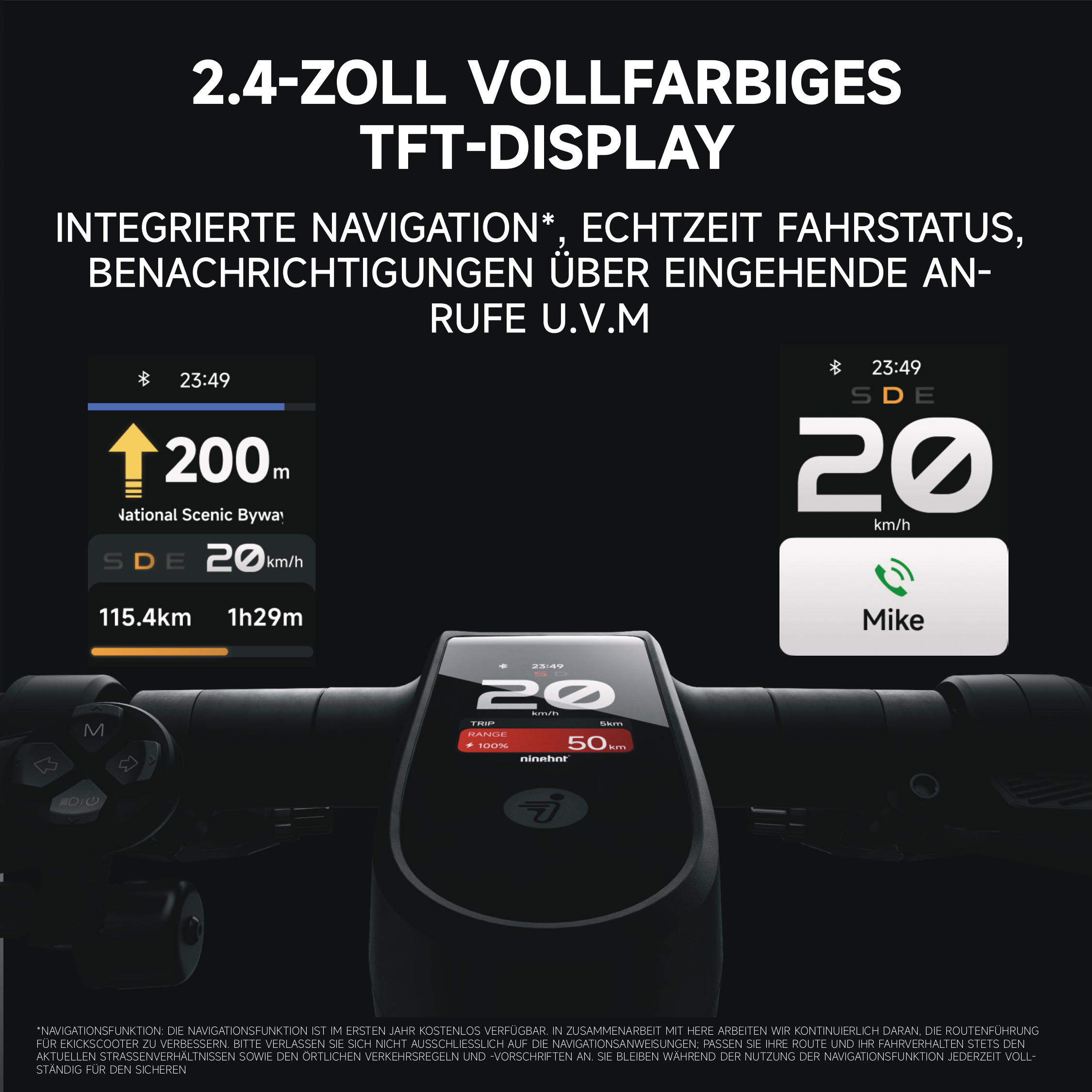 Display des Elektrorollers mit Geschwindigkeit, Zeit, Distanz und Navigationsdetails auf schwarzem Hintergrund.