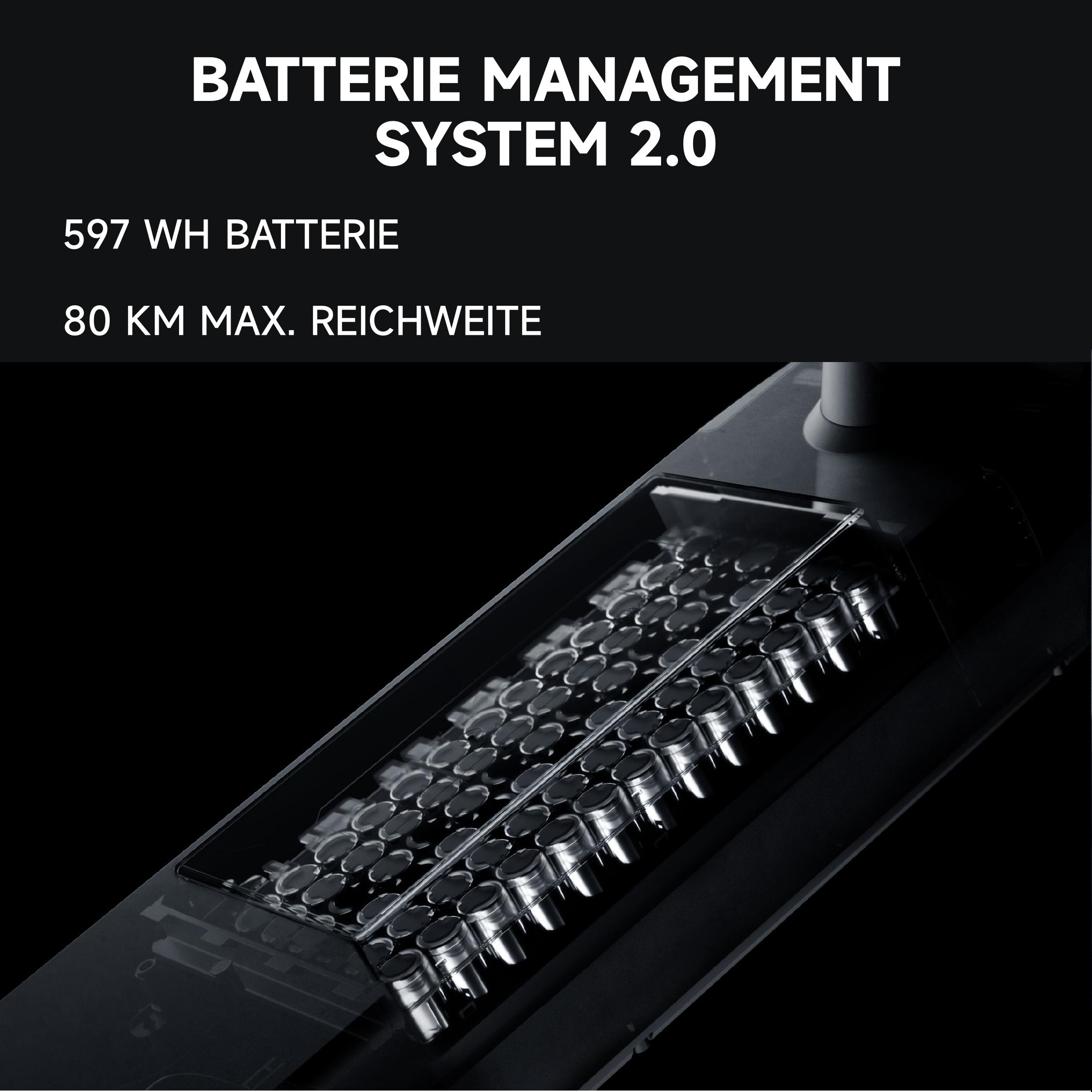 Bild zeigt Batteriezellen in einem Gerät. Text zeigt 597 Wh Batterie und 80 km max. Reichweite. Schwarzer Hintergrund.