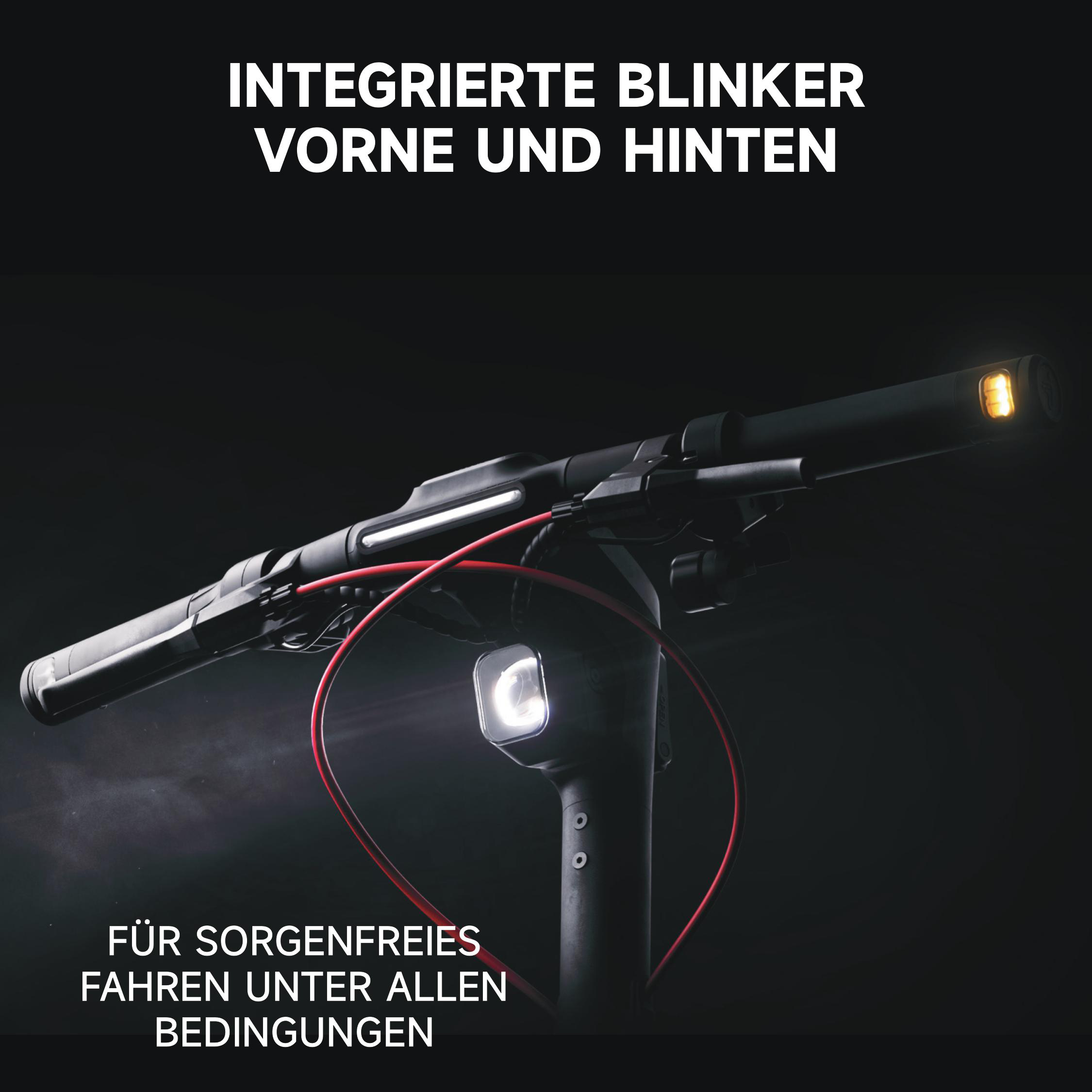 Nahaufnahme eines Rollerlenkers mit integrierten Lichtern und einem roten Kabel vor dunklem Hintergrund.