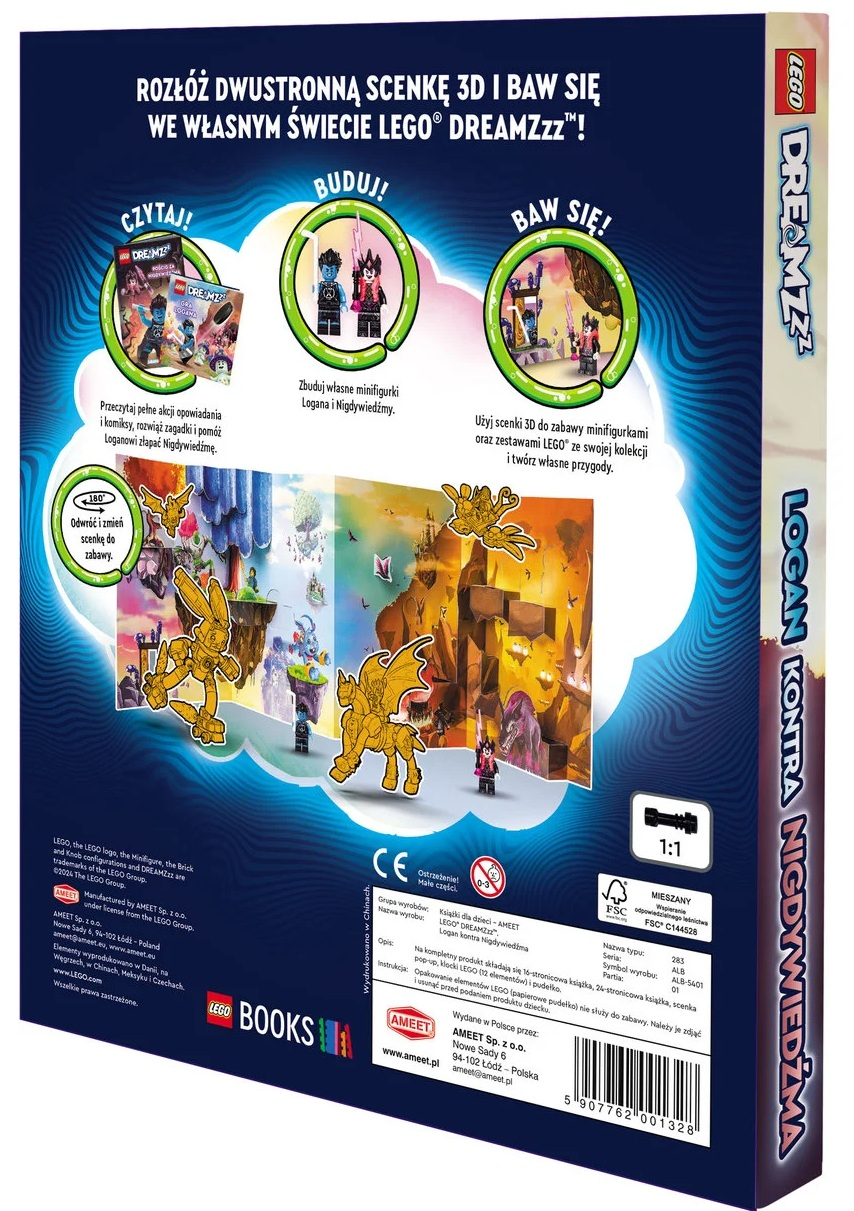 Pudełko LEGO Dreamzzz przedstawia Logana kontra Nigdywiedźmę, z minifigurkami i sceną 3D.