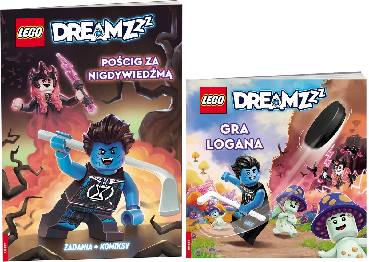 Dwie okładki książek Lego Dreamzzz. Jedna przedstawia niebieską postać z kijem hokejowym. Druga, czarny krążek i kolejna postać.