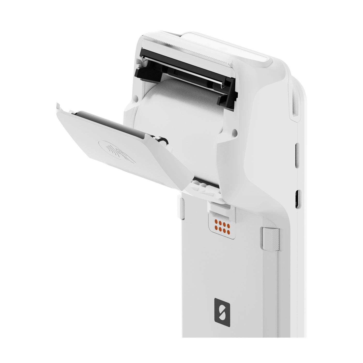 Un dispositivo POS bianco con coperchio aperto, che rivela un rotolo di carta. Il dispositivo ha alcuni punti arancioni e un logo.