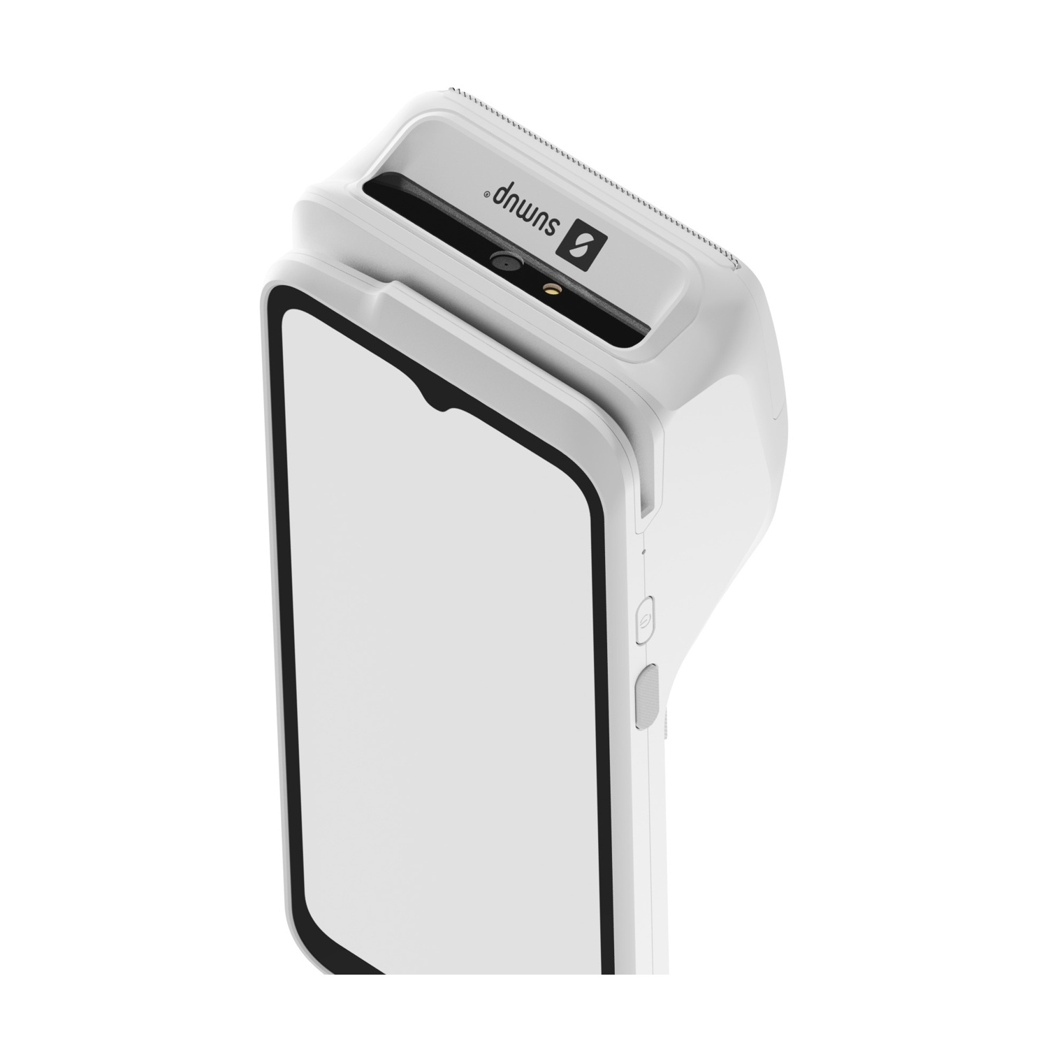 Un lettore di carte SumUp bianco e uno smartphone bianco sono collegati. Il lettore ha uno schermo e un pulsante. Lo schermo del telefono è vuoto.