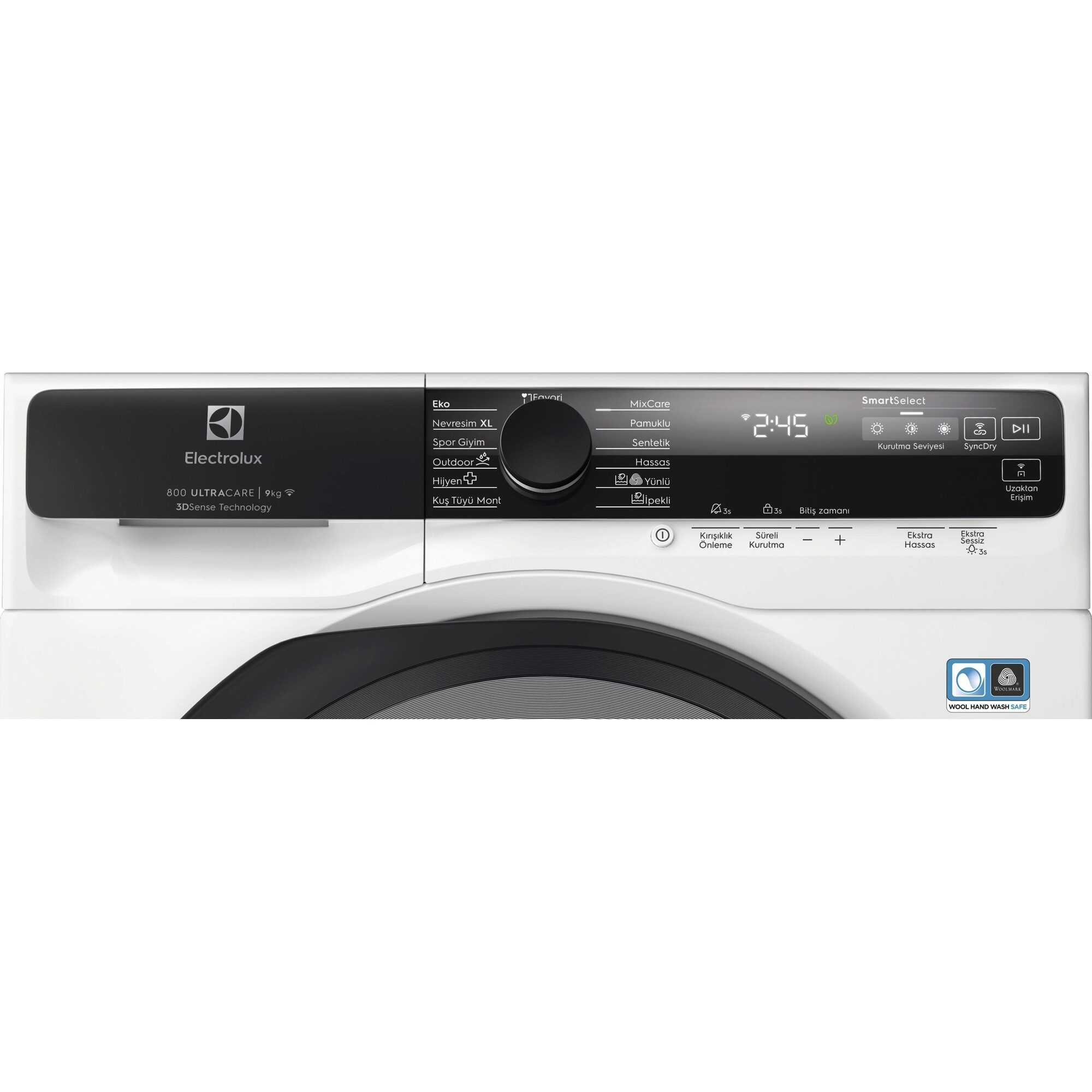 Siyah kontrol paneli ve dijital ekranı olan beyaz bir Electrolux kurutma makinesi. Çoklu ayarlara sahiptir.