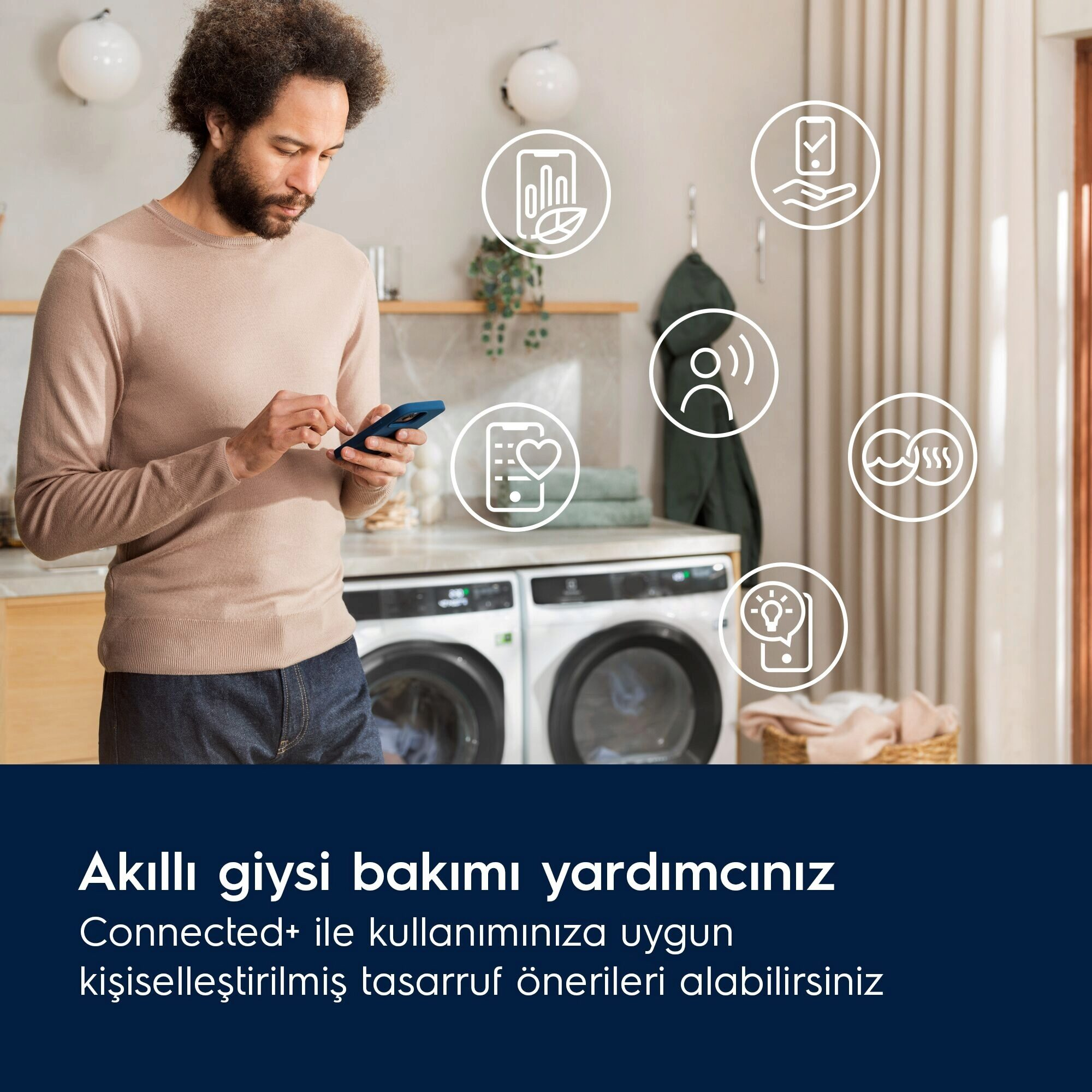 Adam çamaşır makinelerinin yakınında telefon kullanıyor. Akıllı ev özelliklerinin simgeleri gösteriliyor. Metin: Akıllı giysi bakım asistanı.