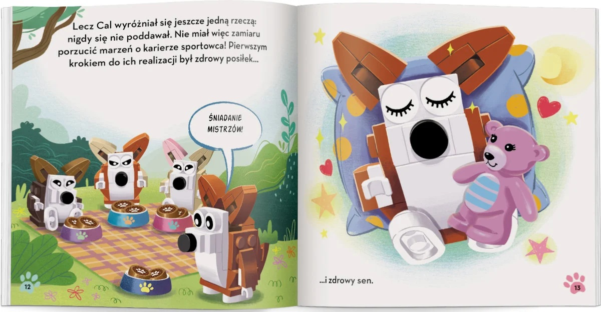 Ilustracja z kreskówki przedstawia postacie przypominające psy z miskami z jedzeniem na kocu piknikowym. Śpiący pies z misiem.