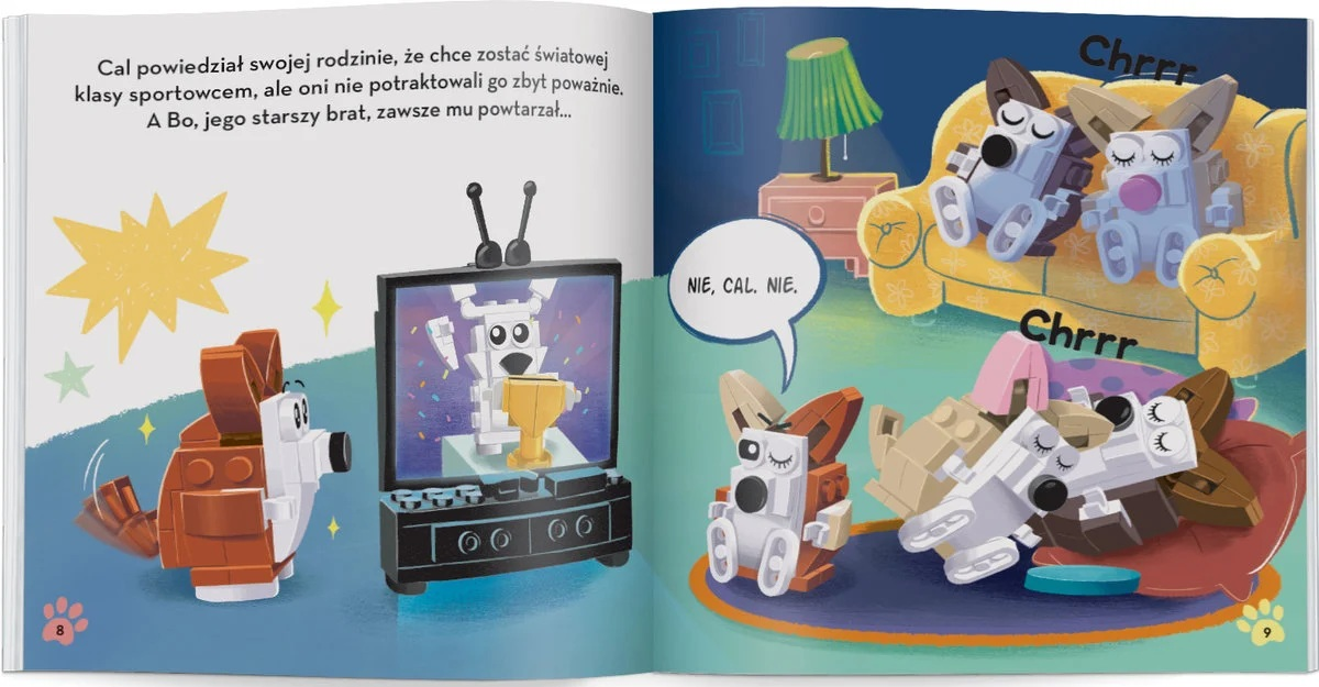 Ilustracja książkowa przedstawia postaci psów Lego w różnych scenach, w tym telewizor i spanie na kanapie.