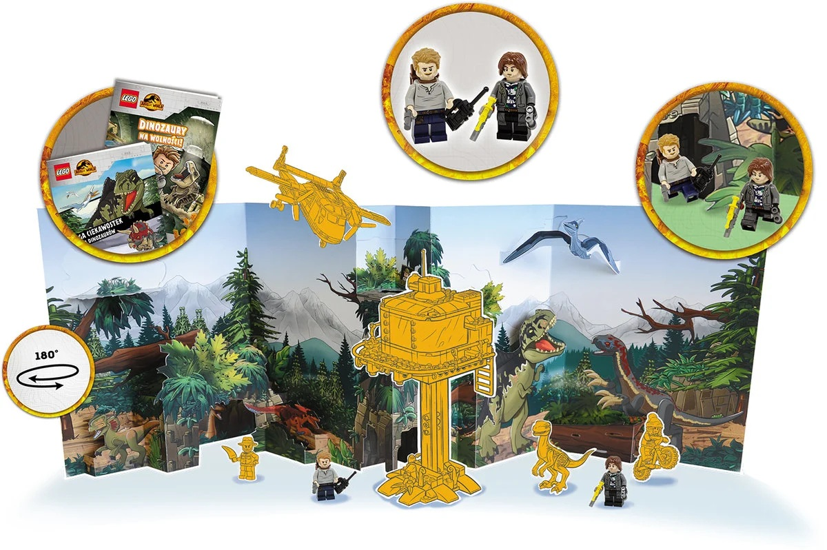 Zestaw Lego Jurassic World z minifigurkami i dinozaurami. Zawiera książkę, helikopter i wieżę obserwacyjną w scenerii dżungli.
