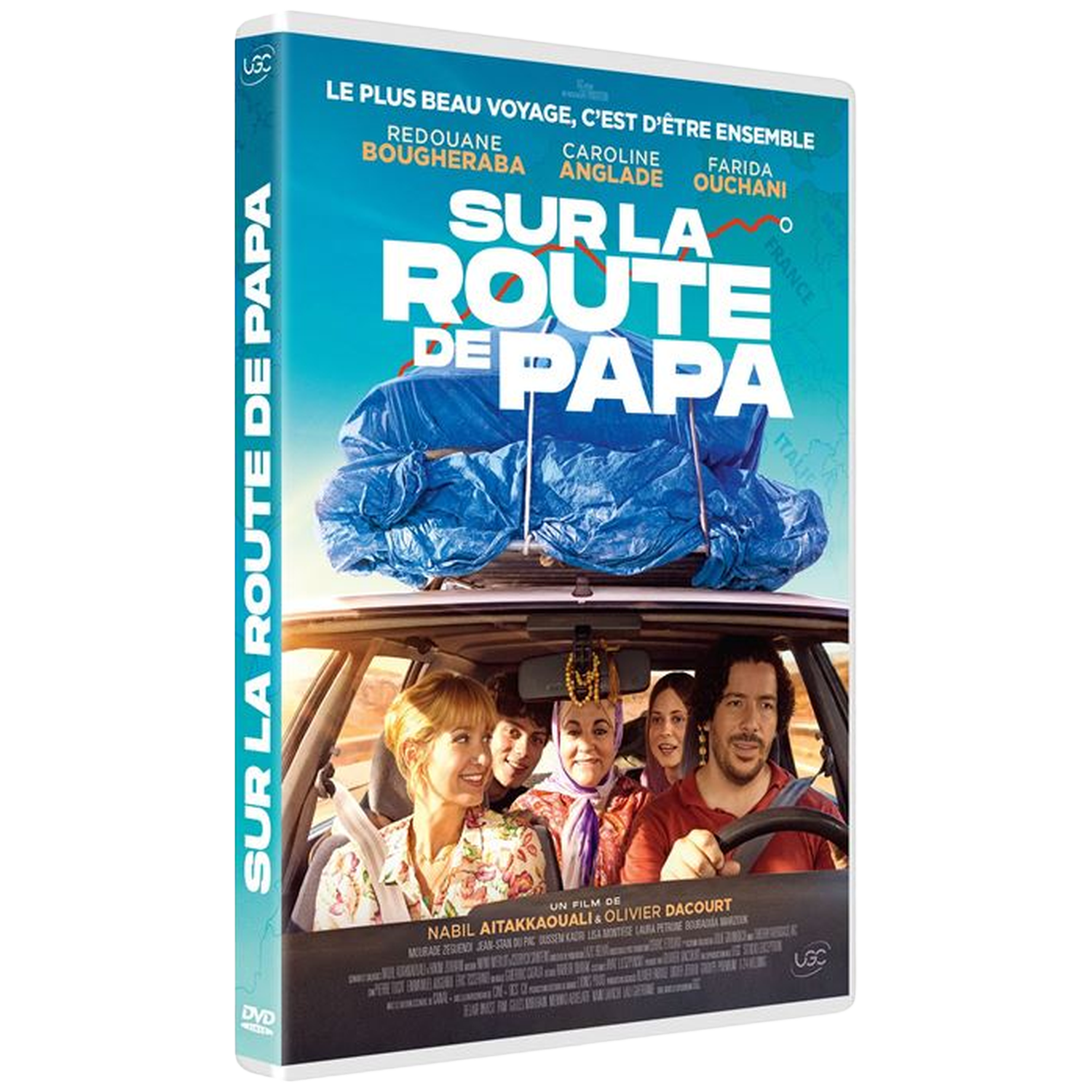 Couverture de DVD. Une voiture avec des gens à l'intérieur. Sacs bleus sur le dessus. Titre : Sur la Route de Papa. Noms des acteurs en haut.