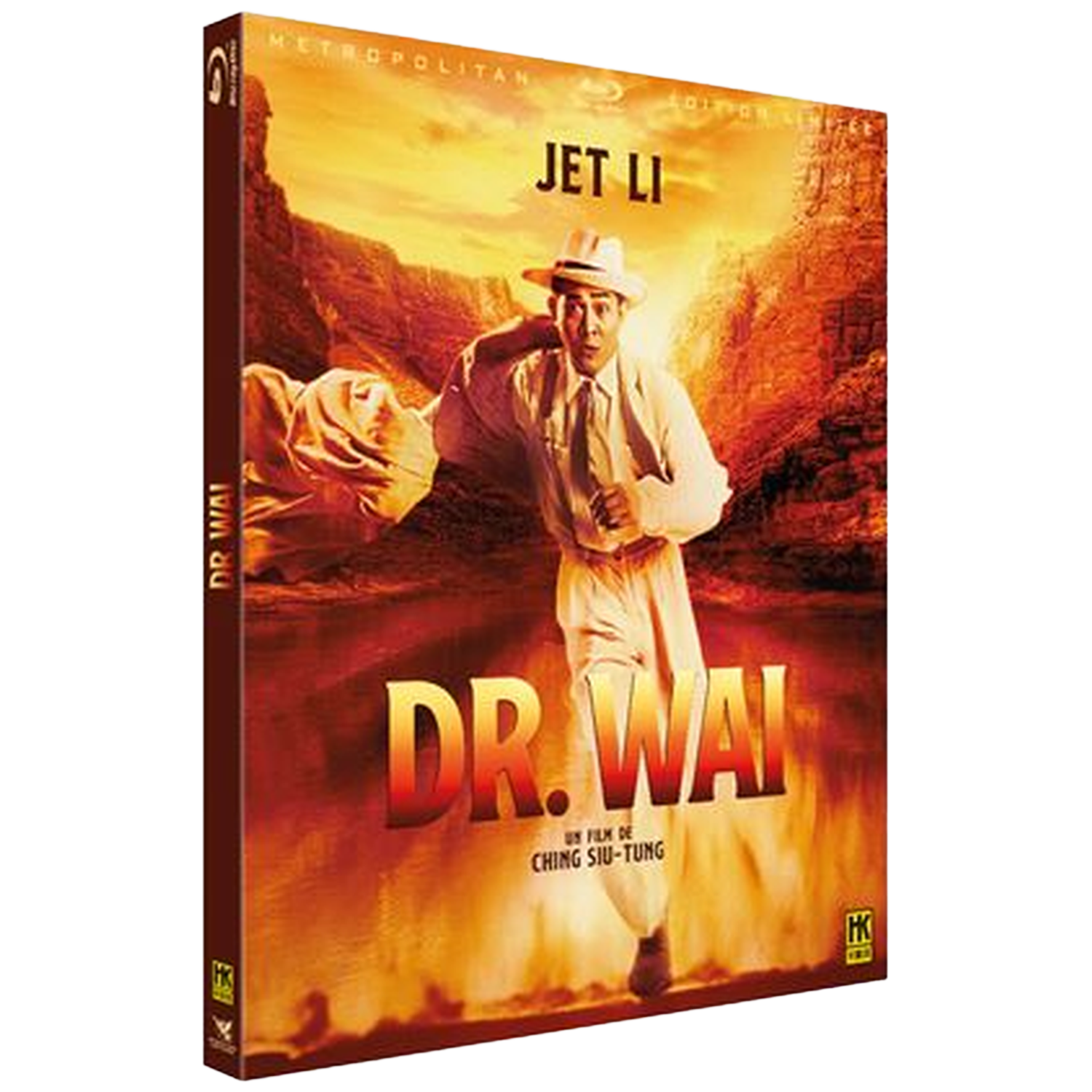 Jaquette DVD. Jet Li en costume et chapeau blancs, courant. Titre : Dr. Wai. Fond : canyon orange et jaune.