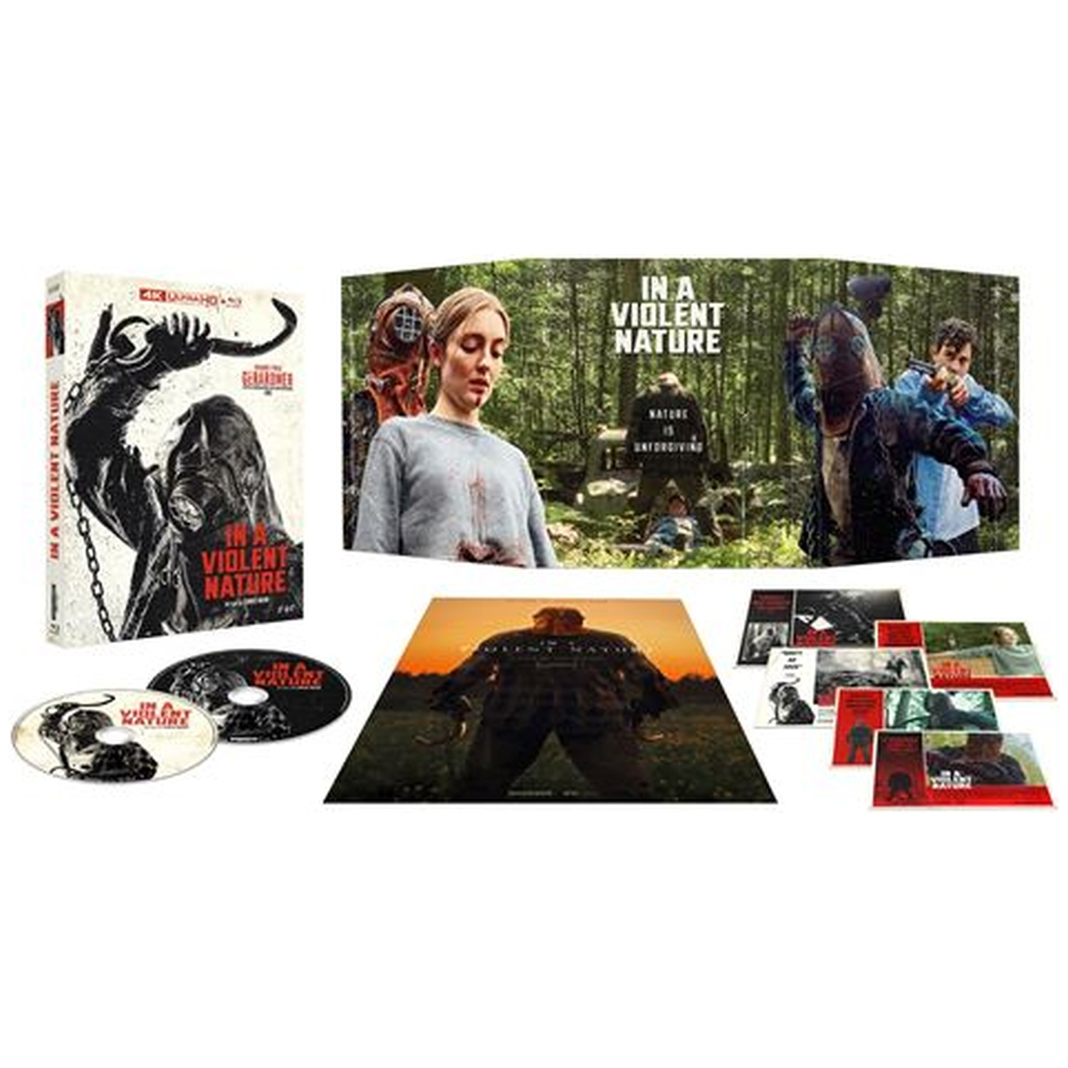 Blu-ray set of "In a Violent Nature." Includes discs, booklet, and cover art with images of the film's scenes and characters.