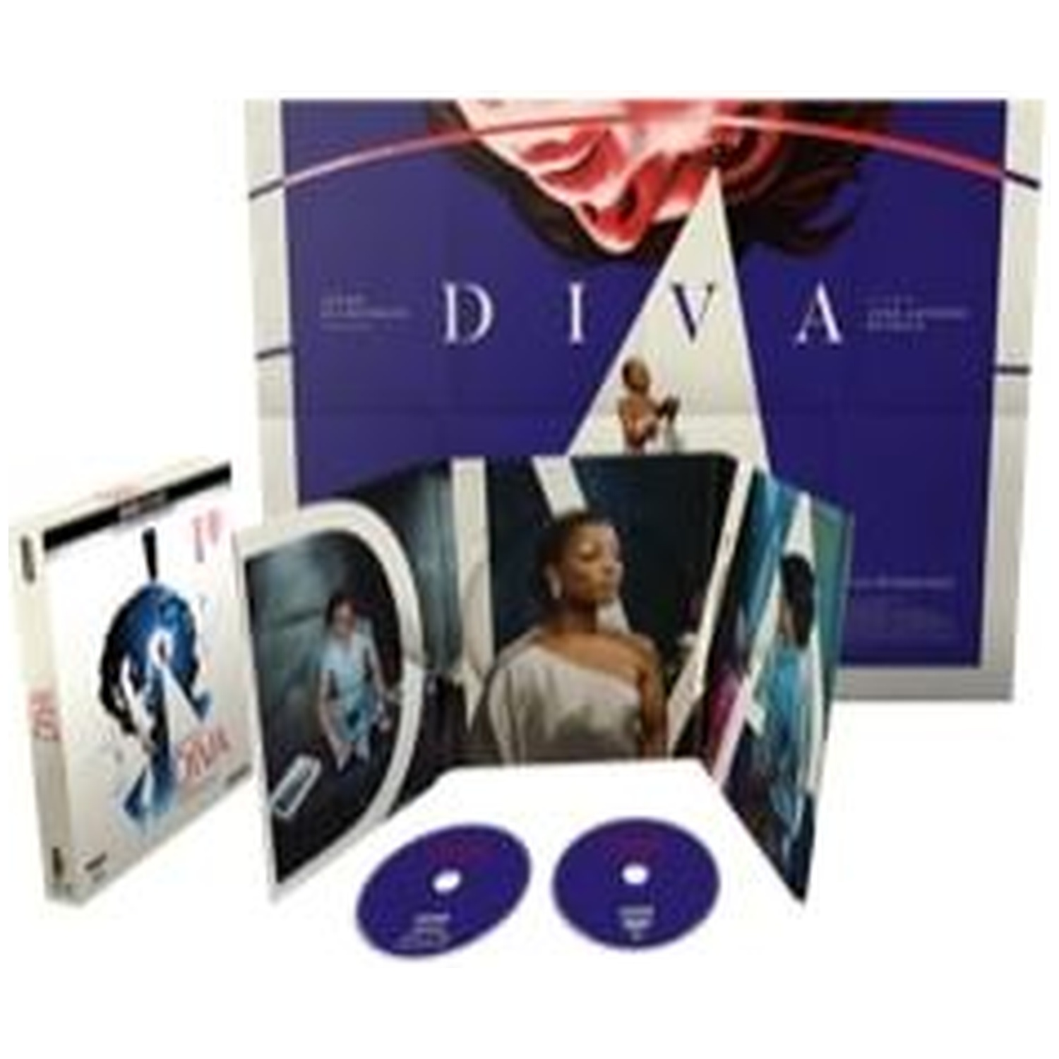 DVD set: Diva movie poster in background. DVDs and a case are in front. White box with Diva title.