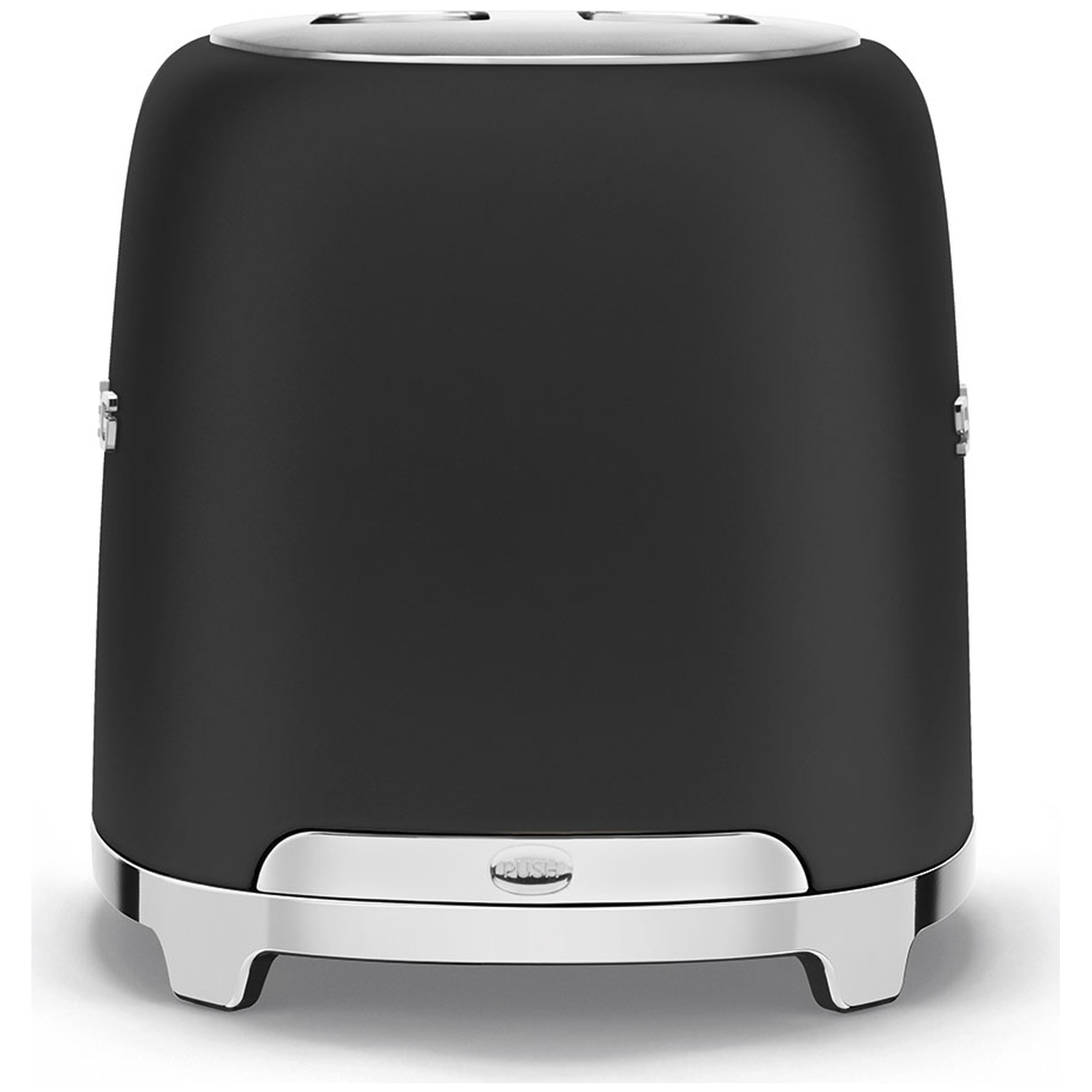 A black toaster with silver accents. It has two slots on top and a silver base. The toaster is on a white background.
