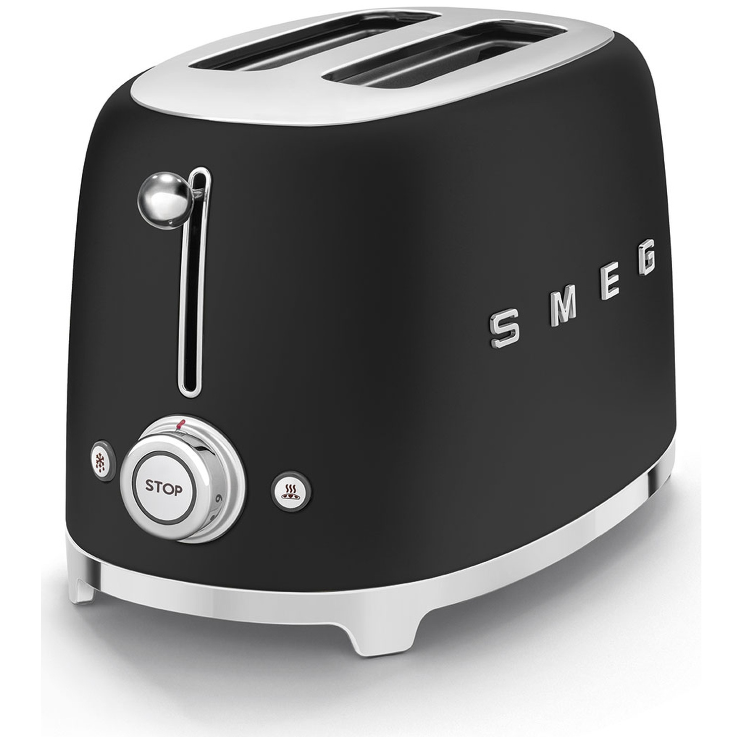 A black Smeg toaster with chrome accents. It has a lever, a knob with 'STOP', and a heating symbol. The word 'SMEG' is on the side.