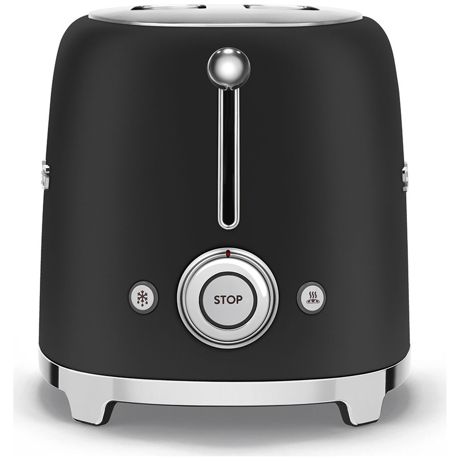 A black toaster with silver accents. It has a stop button and buttons for defrost and reheat. The lever is chrome.