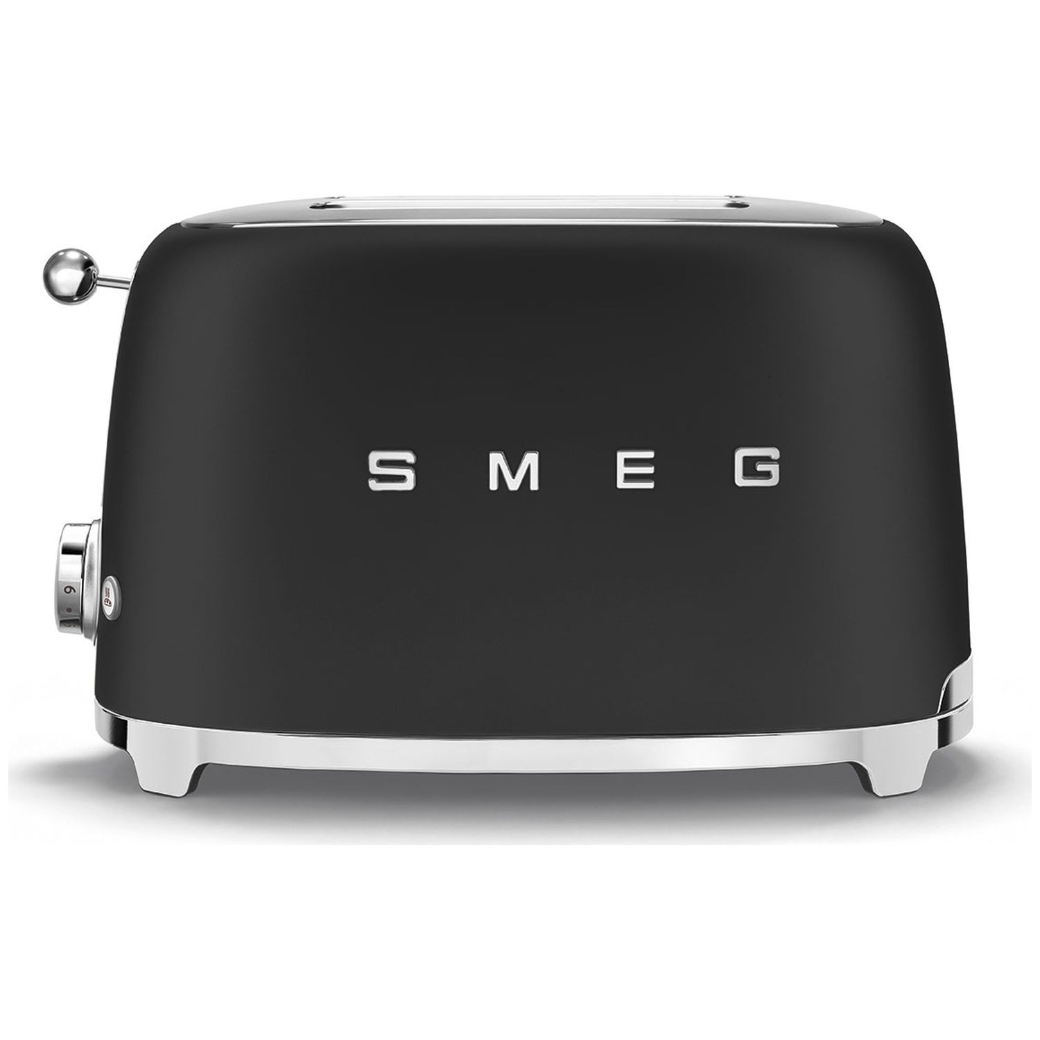 A black Smeg toaster with chrome accents. The word SMEG is on the front. It has a lever and a dial with numbers.