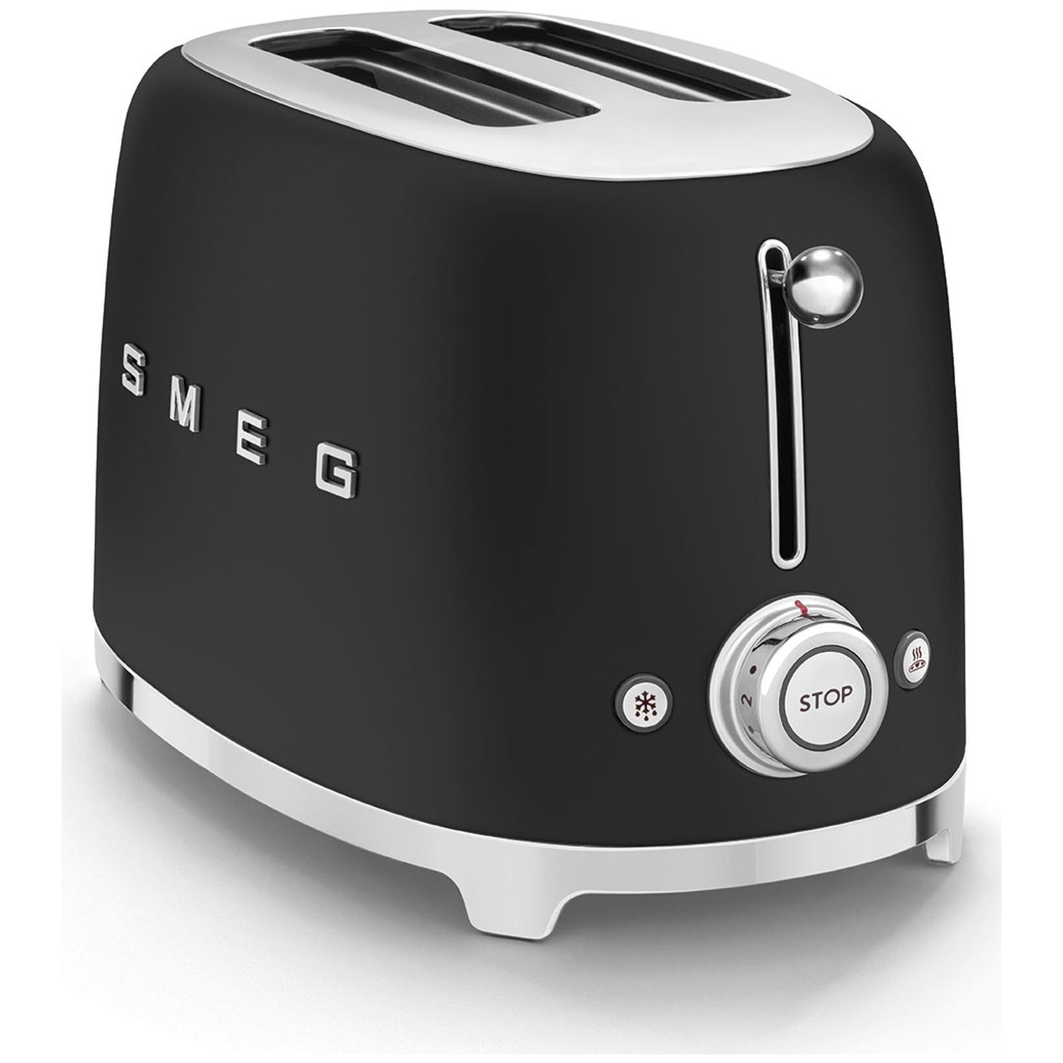 A black Smeg toaster with chrome accents. It has a lever, a dial with 'STOP', and a defrost button. The slots are visible on top.