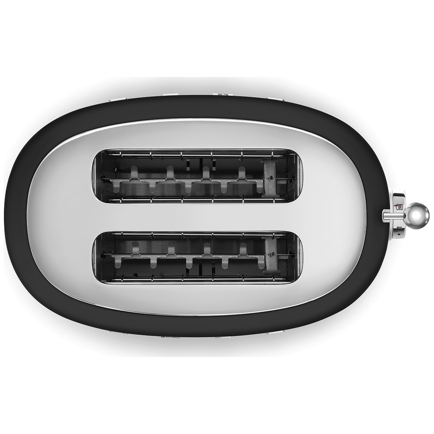 Overhead view of a black and chrome toaster. Two slots are visible, with internal elements. Chrome lever and knobs are on the side.
