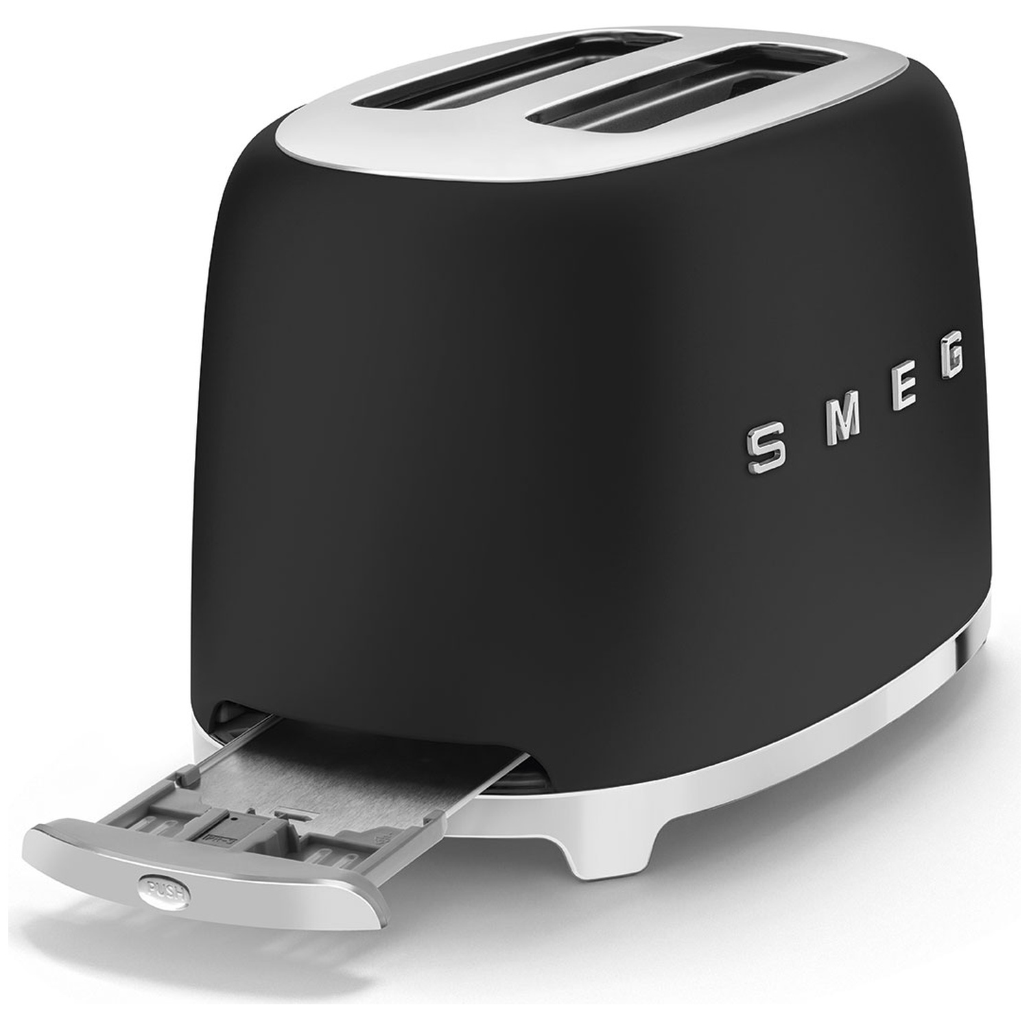 A black SMEG toaster with a chrome top and base. The crumb tray is pulled out. The word SMEG is visible on the side.