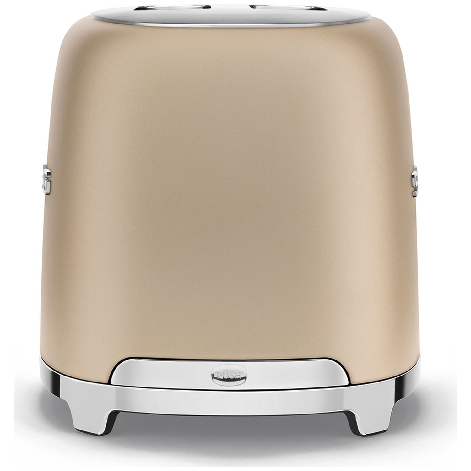 A beige toaster with a silver top and base is centered. It has two slots for bread and a button on the base.