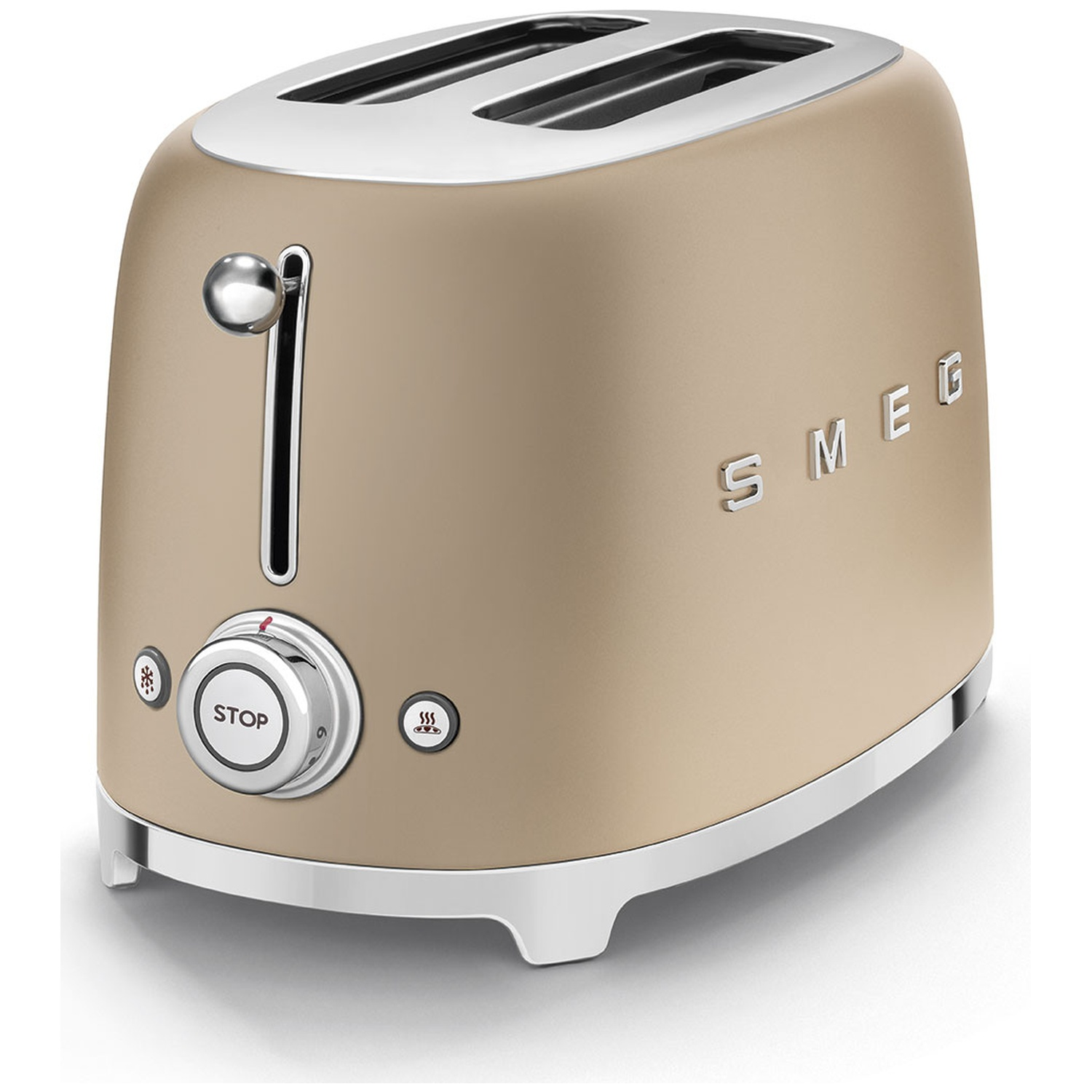 A beige Smeg toaster with two slots, chrome accents, and a control dial. The word SMEG is visible on the side.