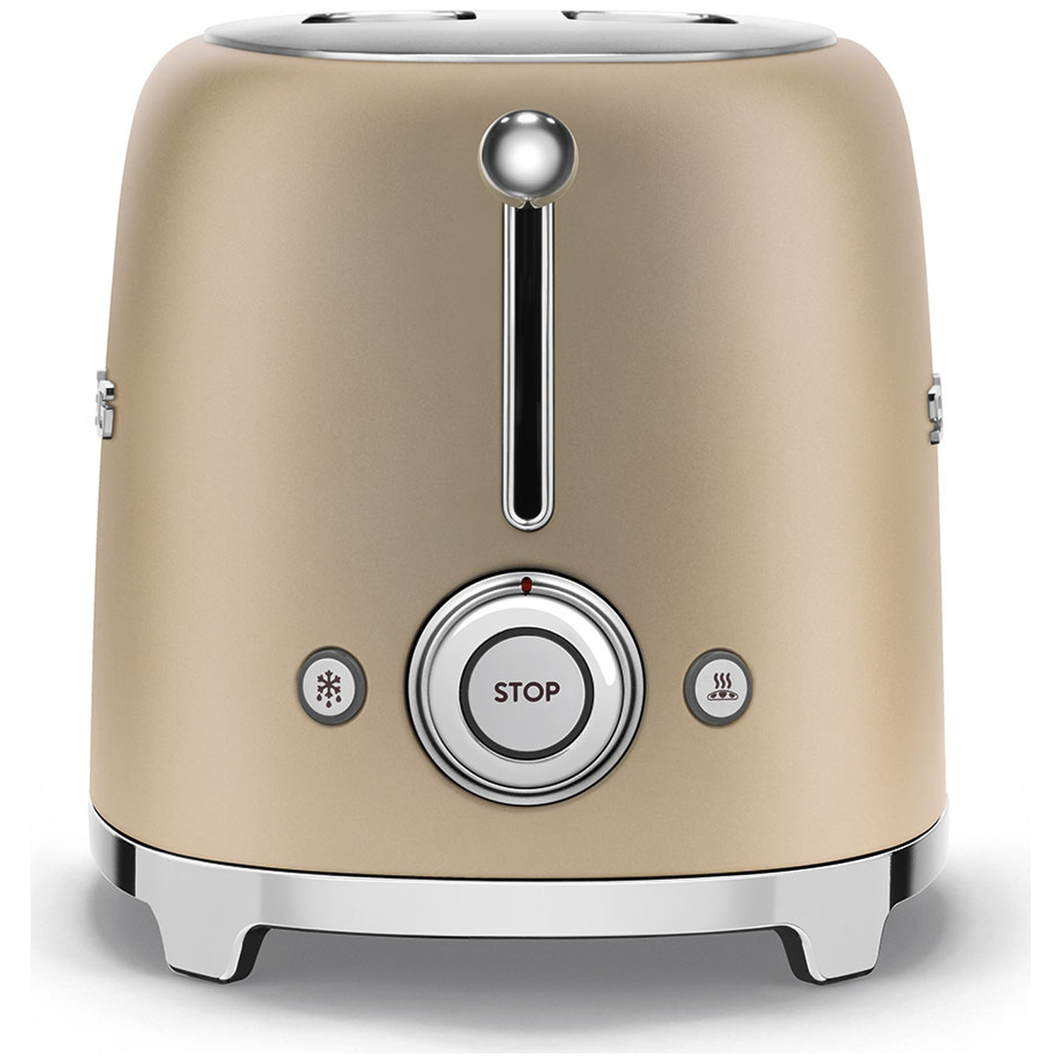 A beige toaster with chrome accents. It has a stop button and buttons for defrost and reheat. The lever is up.