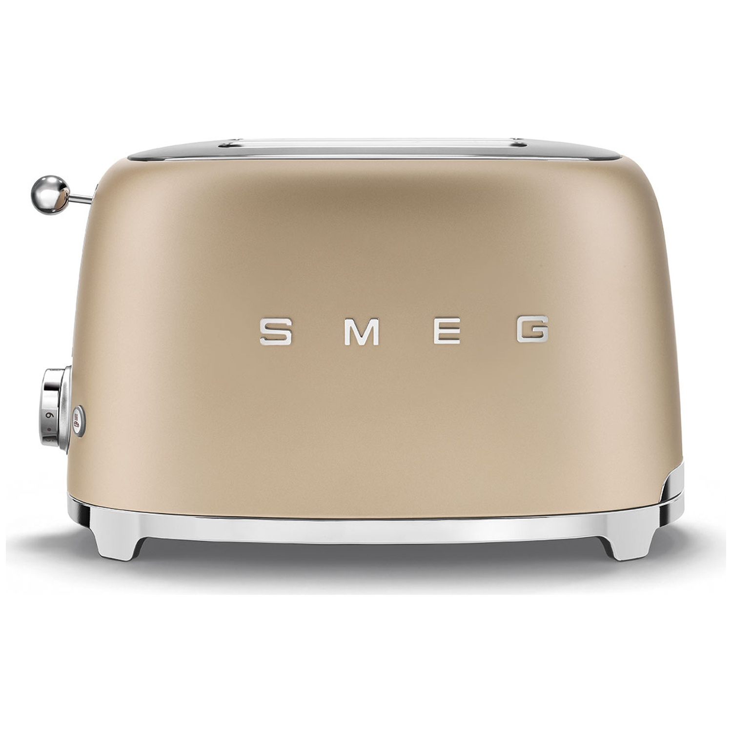 A beige Smeg toaster on a white background. It has chrome accents and the word SMEG across the front. A lever and dial are visible.