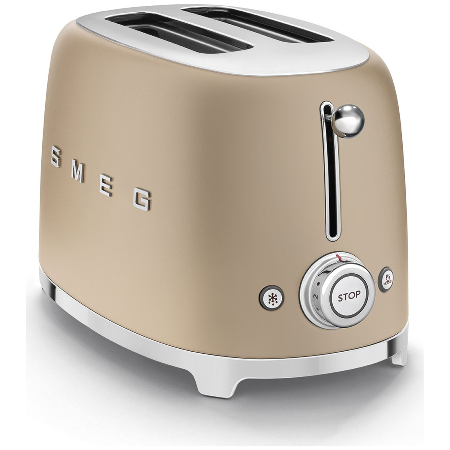 A beige SMEG toaster with chrome accents. It has two slots for bread, a lever, and a dial for settings.