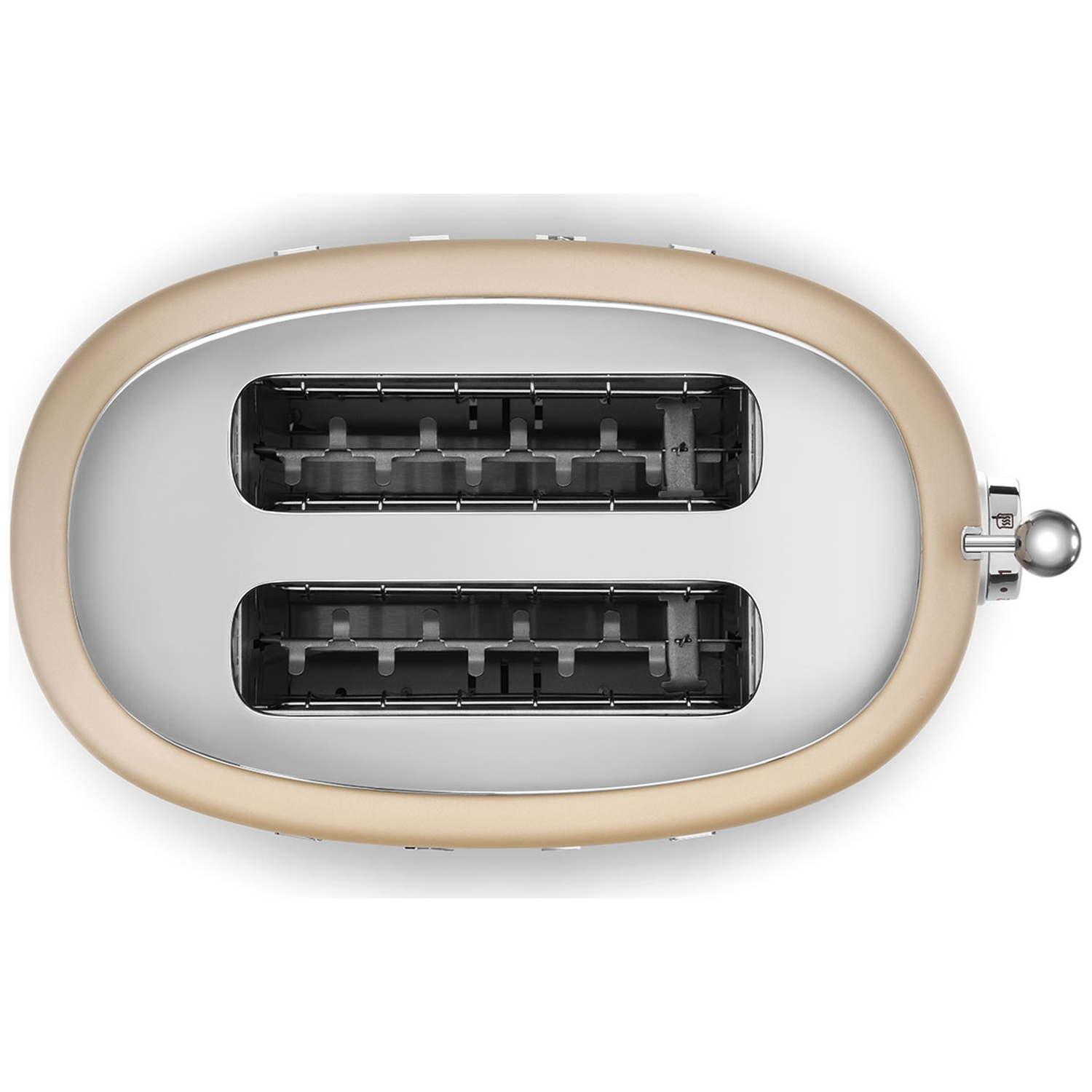 Top-down view of a beige and silver toaster. Two slots are visible. A silver lever and buttons are on the side. White background.