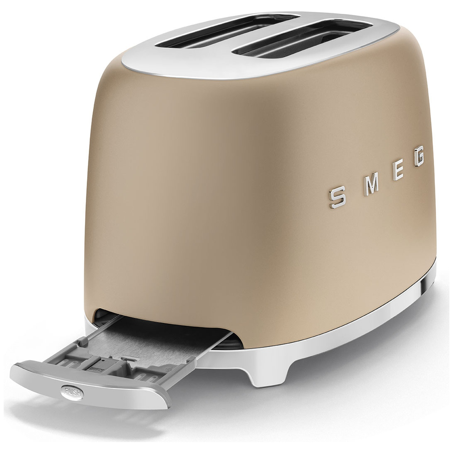 A beige Smeg toaster with two slots, chrome accents, and an open crumb tray.