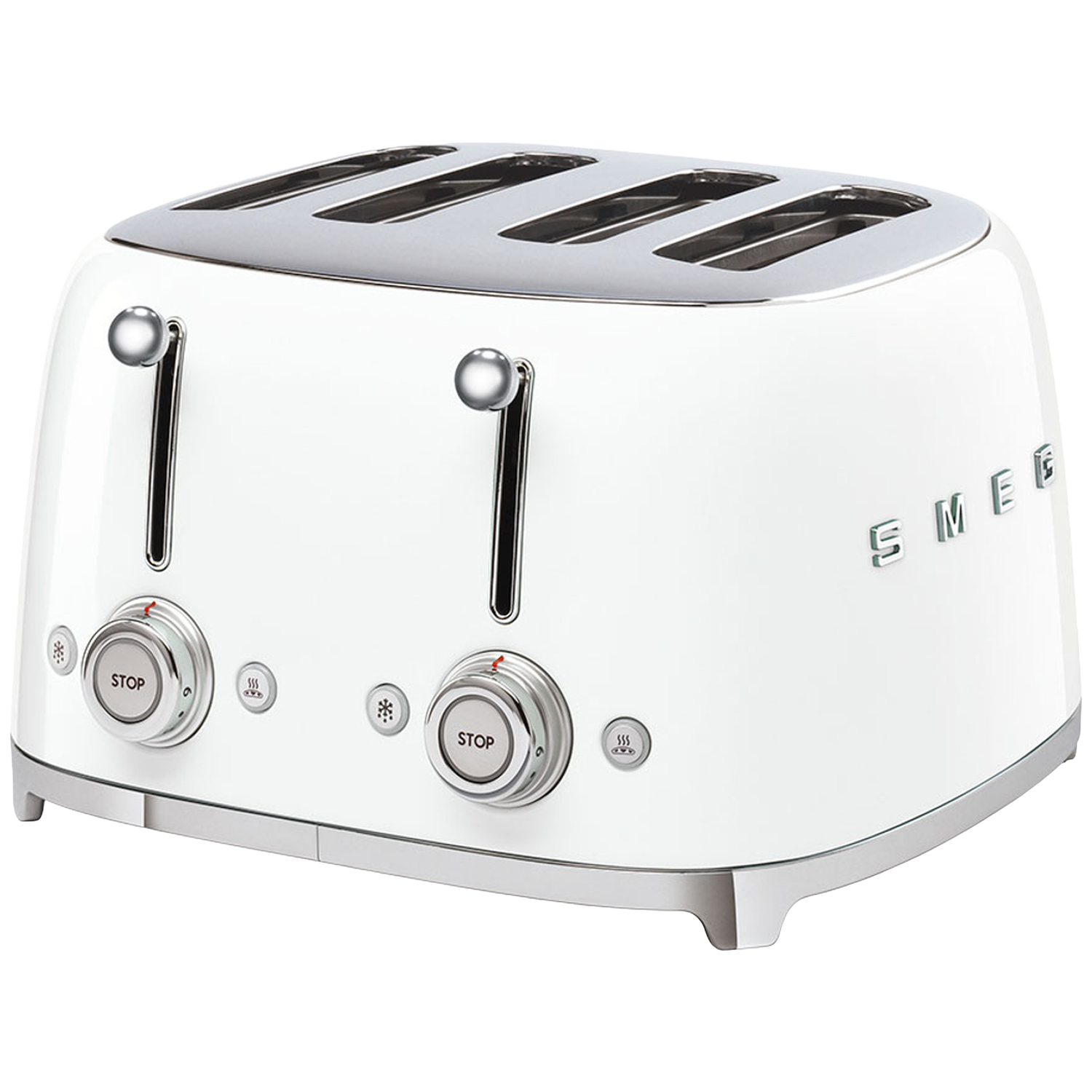Een witte SMEG-broodrooster met vier sleuven. Chromen accenten op de bovenkant, zijkanten en bediening.