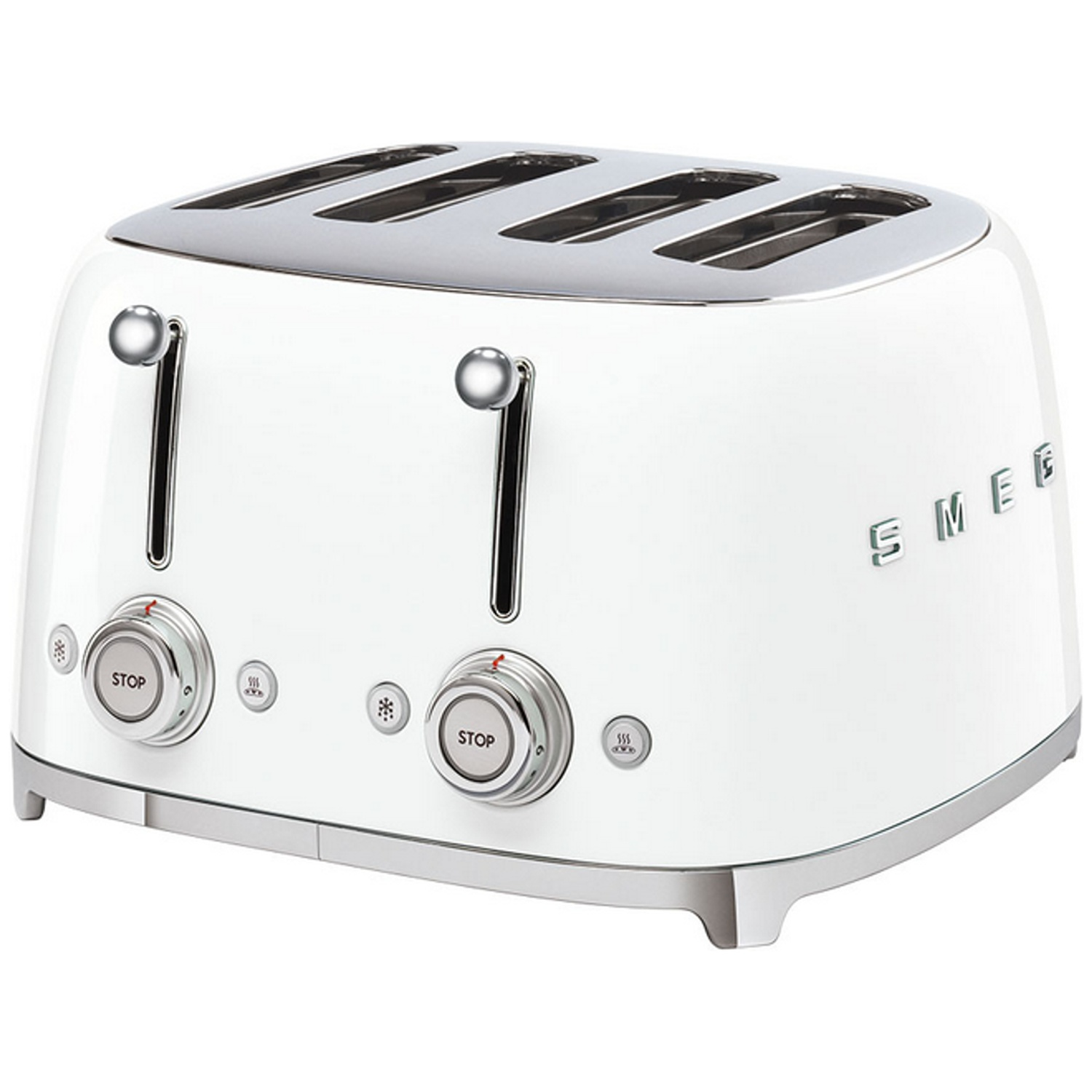 Een witte Smeg-broodrooster met vier sleuven. Het heeft zilveren accenten en twee hendels. Er zijn bedieningsknoppen met een stopknop.