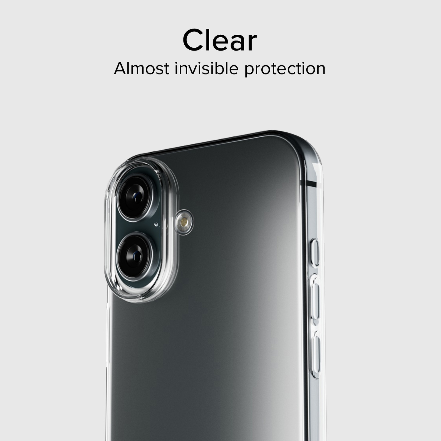 A clear phone case protecting a smartphone. The case is transparent, showing the phone's back and camera lenses. "Clear" is written above.